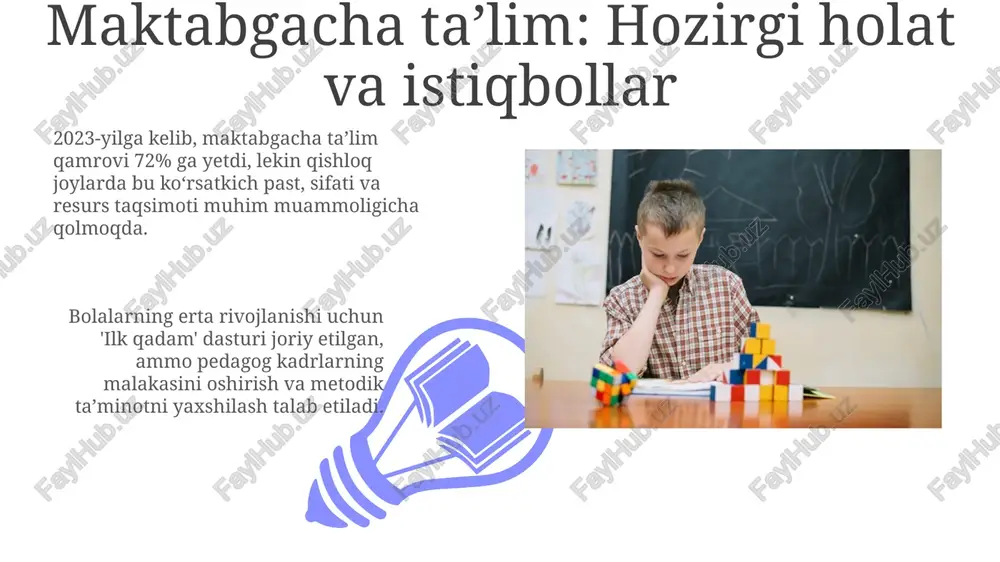 professional ta'limda dual ta'lim tizimini rivojlantirish orqali korxonalarning moliyaviy ishtirokini oshirish, bu xarajatlarning 30% gacha qoplanishiga olib kelishi mumkin. taʼlim qonunchiligi va islohotlar «ta’lim to‘g‘risida»gi qonunning 2020-yildagi yangi tahriri ta’lim sifatini oshirish, o‘qituvchilar maqomini mustahkamlash va inklyuziv ta’limni rivojlantirishga qaratilgan 76 moddadan iborat. 2017-2021-yillarda o‘zbekiston respublikasini rivojlantirishning beshta ustuvor yo‘nalishi bo‘yicha harakatlar strategiyasida ta’lim sohasidagi islohotlar davlat siyosatining muhim yo‘nalishi sifatida belgilandi. taraqqiyot yoʻllari va strategik vazifalar 01 02 uzluksiz ta’lim tizimida 2030-yilgacha inklyuzivlikni ta’minlash, stem yo‘nalishlarini rivojlantirish, malakali pedagoglar tayyorlash strategik vazifalardan biri hisoblanadi. sales 1st qtr 2nd qtr 100 0 sales 1st qtr 2nd qtr 100 0 e'tiboringiz uchun rahmat image5.jpg image6.jpg image7.jpg image8.jpg image9.jpg image10.jpg image11.jpg image12.jpg image13.jpg image14.jpg image15.jpg image16.jpg image1.jpeg image2.jpeg image3.jpeg