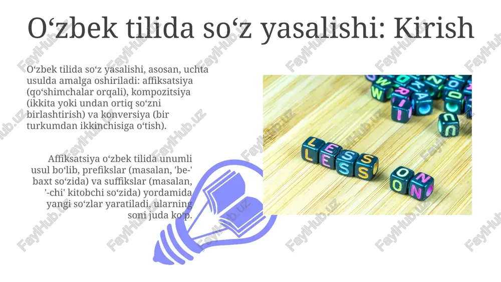 idagi semantik jihatlar, masalan, antonimlar hosil qilishda 'no-' qoʻshimchasi orqali 'tinch' (tinch) soʻzidan 'notinch' (notinch) kabi ma'no oʻzgarishini koʻrsatadi. yasalishda semantik siljishlar kuzatiladi: 'ishon-' (ishonmoq) fe'lidan 'ishonch' (ishonch) otiga o'tilganda, umumiy ma'no saqlanib qoladi, lekin so'z turkumi va ma'no nozikligi o'zgaradi. soʻz yasalishining unumdorligi oʻzbek tilida soʻz yasalishining unumdorligi baʼzi affikslarda yaqqol koʻrinadi, masalan, -chi qoʻshimchasi orqali kasb-hunar nomlarini yaratishda (soatsoz, etikdoʻz kabi) yuqori unumdorlik kuzatiladi. baʼzi soʻz yasovchi qoʻshimchalar, misol uchun, -siz affiksi (uy-siz, ish-siz) kabi, otlardan sifat yasashda keng qoʻllaniladi va shu sababli yuqori darajada unumdor hisoblanadi. xulosa 01 02 "xulosa" so'zi o'zbek tilida fe'ldan ot yasovchi qo'shimchalar yordamida yasalgan: "xulosa" - bu "xulosa qilmoq" fe'lidan -a qo'shimchasi bilan yasalgan ot hisoblanadi. sales 1st qtr 2nd qtr 100 0 sales 1st qtr 2nd qtr 100 0 e'tiboringiz uchun rahmat image5.jpg image6.jpg image7.jpg image8.jpg image9.jpg image10.jpg image11.jpg image12.jpg image13.jpg image14.jpg image15.jpg image16.jpg image1.jpeg image2.jpeg image3.jpeg