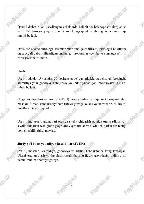 imli) priapizm arteriya shikastlanishi natijasida paydo boʻlishi mumkin, bunda qon penisga doimiy ravishda oqib turadi, ammo bu tur ishemik turga qaraganda kamroq og'ir. priapizmning davolash usullari qonni igna bilan soʻrib olish, dori-darmonlar yuborish yoki jarrohlik yoʻli bilan qon tomirlarini tiklashni oʻz ichiga olishi mumkin. kechikish impotensiya kabi doimiy asoratlarga olib keladi. peniss raki peniss raki odatda 60 yoshdan oshgan erkaklarda uchraydi va ko'pincha papillomavirus (hpv) 16 va 18 turlari bilan bog'liq bo'ladi, garchi sababi to'liq aniqlanmagan bo'lsa ham. invaziv peniss raki bemorlarning taxminan 50% da inguinal limfa tugunlariga tarqalishi mumkin, shuning uchun dastlabki bosqichda aniqlash va jarrohlik yo'li bilan olib tashlash muhimdir. peniss raki tashxisini qo'yish uchun biopsiya olinadi va mikroskop ostida tekshiriladi, u ko'pincha skuamoz hujayrali karsinoma bo'lib, barcha holatlarning 95% dan ko'prog'ini tashkil qiladi. uretra strikturasi uretra strikturasi - bu uretraning torayishi, ko'pincha chandiq to'qimalari tufayli yuzaga keladi, bu esa siydik oqimini cheklaydi va qiyinlashtiradi, natijada infektsiyalar va …