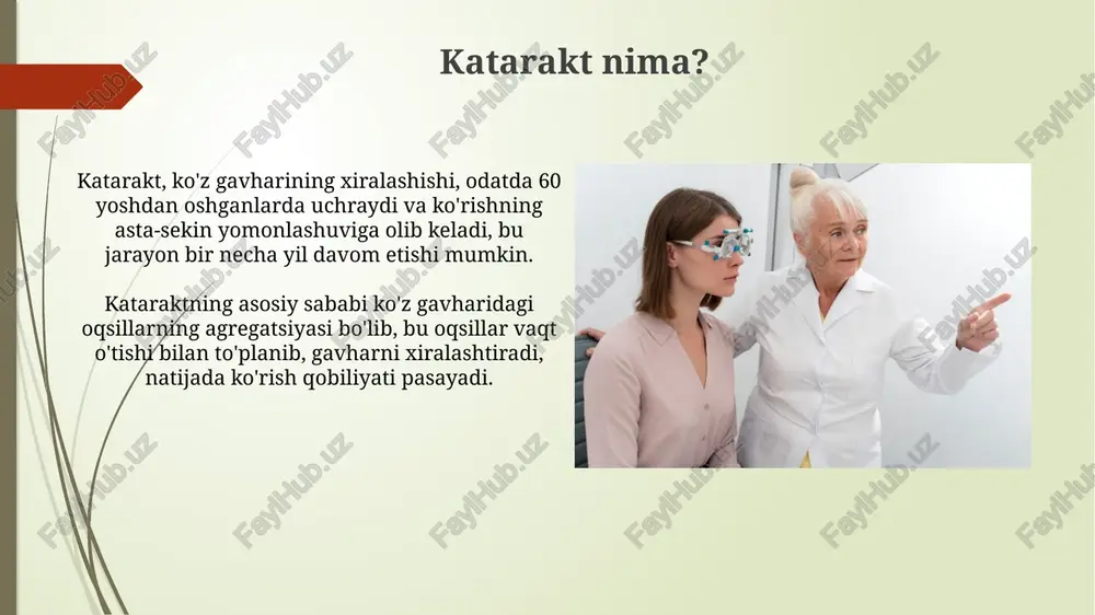 rivojlanish xavfini sekinlashtirishi mumkinligini ko'rsatdi. quyoshdan himoya ko'zoynaklari 200 dan 400 nm gacha bo'lgan uv nurlarini to'sib, to'qimalarga zarar yetkazishning oldini oladi va bu oqsil agregatsiyasi orqali kataraktning rivojlanishiga olib kelishi mumkin. hayot tarzi va parhezning roli antioksidantlarga boy parhez, masalan, c va e vitaminlari va karotenoidlar, linzadagi oksidlanish stressini kamaytirishi va 20% gacha katarakta rivojlanish xavfini kamaytirishi mumkin. qandli diabetni nazorat qilish uchun kam glycemik indeksli ovqatlar tanlash va qon shakarini me'yorida saqlash katarakta ehtimolini 30% gacha kamaytirishi mumkin. katarakt tadqiqotlari va kelajakdagi istiqbollar katarakt tadqiqotlari hozirda farmakologik yechimlarga, masalan, lanosterol kabi dorilar orqali oqsil agregatsiyasini kamaytirishga qaratilgan. kelajakda gen terapiyasi orqali kataraktga sabab bo'luvchi genetik mutatsiyalarni tuzatish yoki oldini olish imkoniyatlari o'rganilmoqda. e'tiboringiz uchun rahmat image2.jpg image3.jpg image4.jpg image5.jpg image6.jpg image7.jpg image8.jpg image9.jpg image10.jpg image11.jpg image12.jpg image13.jpg