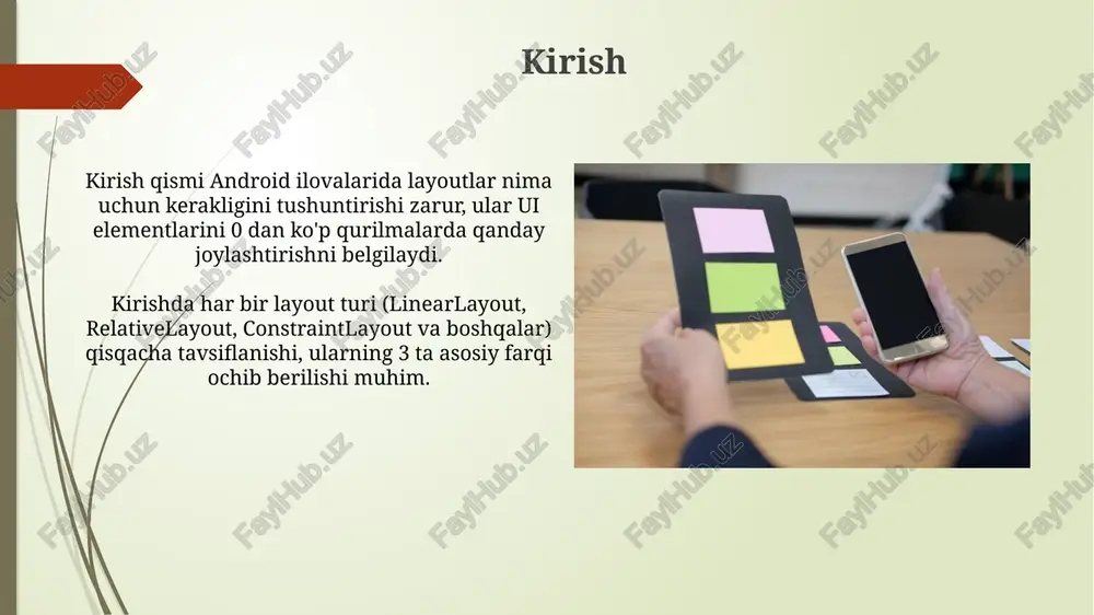 oid ko'rinishi bo'lib, ma'lumotlar to'plamini vertikal ro'yxatda ko'rsatadi, bu esa 100 dan ortiq elementni samarali aks ettirish uchun juda mos keladi va qayta ishlashni optimallashtiradi. listview-dagi elementlar adapter yordamida ulanadi, masalan, arrayadapter yoki customadapter, bu esa ma'lumotlarni ko'rinish elementlariga aylantirish va ko'rsatish jarayonini osonlashtiradi, 5 yoki undan ortiq usulni o'z ichiga oladi. scrollview scrollview o'z ichiga faqat bitta to'g'ridan-to'g'ri bolaga ega bo'lishi mumkin, shuning uchun ko'p komponentlarni ko'rsatish uchun linearlayout kabi 1 ta tartib yordamida 1 ta konteynerni ishlatish kerak. android-da scrollview vertikal va gorizontal siljishni ta'minlaydi, lekin gorizontal siljish uchun horizontalscrollview dan foydalanish yaxshiroqdir, chunki u yanada samaraliroq 2 tomonlama yo'nalishni qo'llab-quvvatlaydi. coordinatorlayout coordinatorlayout - bu 1-darajali konteyner boʻlib, bolalarning harakatlarini muvofiqlashtirishga yordam beradi, masalan, scrollview 2-darajali siljish hodisalarini appbarlayout kabi boshqa koʻrinishlarga yuborish orqali muvofiqlashtirish mumkin. ushbu layoutning asosiy kuchi - bu "behavior"lar boʻlib, ular bolalar koʻrinishlarining oʻziga xos xatti-harakatlarini boshqaradi. masalan, floatingactionbutton 3-darajali snackbar paydo boʻlganda pastga …