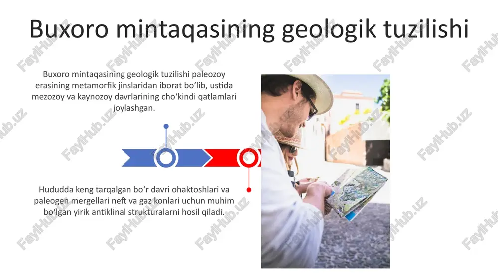 burmalar va yoriqlar kabi muhim elementlarni aniqlaydi. paleogeografik rekonstruksiyalar paleogeografik rekonstruksiyalar, masalan, devon davrida (taxminan 419-359 million yil oldin) dengiz muhiti hukmronligi, keyinchalik esa paleozoyning oxirida quruqlikning kengayishini ko'rsatadi. buxoro hududida paleogen davriga (taxminan 66-23 million yil oldin) oid rekonstruksiyalar dengiz transgressiyalari va regressiyalari, shuningdek, daryo tizimlarining shakllanishi haqida ma'lumot beradi. qadimiy iqlim sharoitlari qadimiy iqlim sharoitlari paleozoy davrida sezilarli darajada o'zgargan, issiq va quruq davrlar muzlik davrlari bilan almashinib, 300 million yil oldin perm davrida cho'llanish kuzatilgan. mezazoy erasida, taxminan 200 million yil oldin, buxoro mintaqasi nam subtropik iqlimga ega bo'lgan. bu davrda o'simlik va hayvonot olami juda xilma-xil bo'lgan. neotektonika va zamonaviy geodinamika zamonaviy geodinamika gps ma'lumotlari orqali aniqlanadigan hozirgi deformatsiyalarni, masalan, yiliga 2-5 mm bo'lgan vertikal harakatlarni tahlil qiladi. neotektonika buxoro hududida 5 million yildan ortiq vaqt davomida shakllangan yer po‘stining so‘nggi tektonik harakatlarini o‘rganadi. seysmik faollik va zilzilalar hududda zilzilalar, asosan, tyan-shan tog' tizmasi bilan bog'liq …