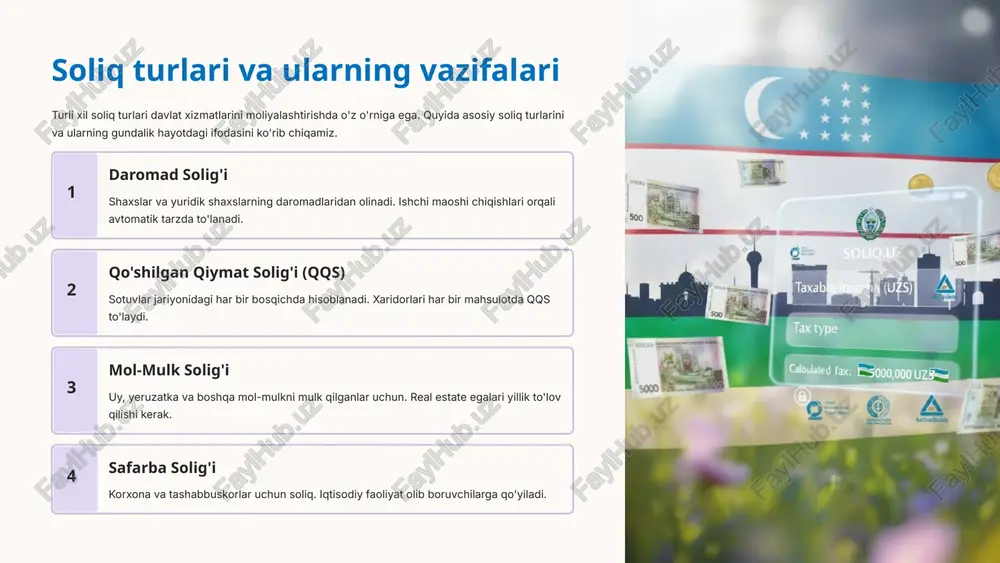 ish rejasi o'zbekiston defitsitni 2025 yilga qarab 3% ga kamaytirishga qaratilgan 7 zamonaviy texnologiyalar va soliq tizimi raqamli transformatsiya soliq tizimini soddalashtirib, samaradorlikni oshirmaqda. onlayn soliq to'lovlari, elektron xisob-kitoblar va avtomatik niqob tahlili fuqarolar va korporatsiyalarga soliq to'lashni qo'laylashtiradi. mobil ilova smartfondan soliqni to'lash va hisob-kitob qilish mumkin bulutli saqlash barcha hujjatlar xavfsiz tarzda saqlanadi va taqdim etiladi xavfsizlik eng yuqori darajadagi shifrlash va muhofaza ta'minlanadi monitoring real vaqtda byudjet monitoringi va statistikalar 8 zamonaviy texnologiyalar va soliq tizimi 9 o‘zbekiston respublikasi vazirlar mahkamasi huzuridagi soliq qo‘mitasi tomonidan “soliq” mobil ilovasi ishga tushirilgan bo‘lib, o‘zbekiston respublikasi prezidentining “chakana savdo va xizmat ko‘rsatish sohasida nazorat-kassa texnikasidan foydalanishni takomillashtirishga doir qo‘shimcha chora-tadbirlar to‘g‘risida” 2021-yil 4-oktabrdagi pq–5252-son qaroriga asosan ilova orqali jismoniy shaxslar tomonidan amalga oshirilgan xarid summasining 1 foizni ularning bank kartalariga qaytarish (cashback) tizimi joriy etilgan. shuningdek ilova orqali quyidagi amaliyotlarni bajarish mumkin: soliqlarim boʻlimida: soliqlarni toʻlash shu jumladan ota-onalar uchun …