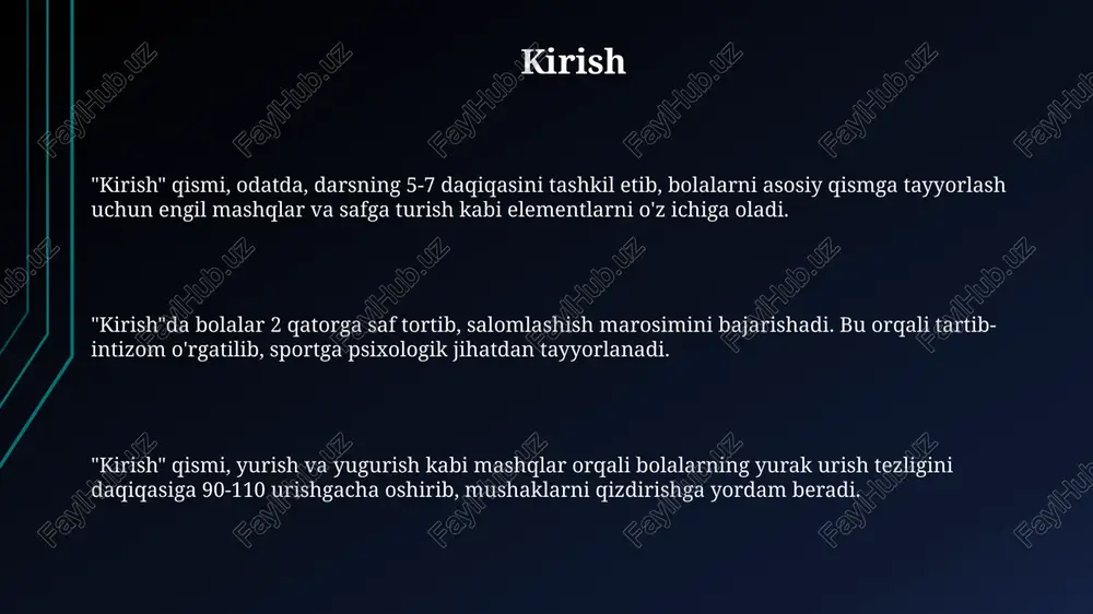 iy rivojlanishiga ijobiy ta'sir ko'rsatadi hamda chiniqtiradi. mashqlarni o'rgatish metodikasi 7-10 daqiqa davom etishi kerak. bolaning e'tiborini jalb qilish uchun o'yin shaklida o'tkazish, motivatsiyani oshirish juda muhim. yakuniy mashqlar (cho'zilish) cho'zilish mashqlari 3-4 yoshli bolalarda 10-15 soniya, 5-6 yoshli bolalarda esa 20-25 soniya davomida ushlab turiladi, bu mushak elastikligini oshiradi. yakuniy mashqlarda 5-7 marta sekin nafas olish va chiqarish orqali mushaklarning maksimal darajada bo'shashiga erishiladi, bu esa metabolik jarayonlarni normallashtiradi. yakuniy mashqlar, jumladan, yengil sakrashlar va qo'l harakatlari 2-3 daqiqa davom etadi, ular yurak urishini sekinlashtiradi va tanani asta-sekin tinchlantiradi. xavfsizlik qoidalari sport zallarida va maydonchalarida 100% xavfsizlikni ta'minlash uchun mashg'ulotlarni malakali trener nazorati ostida olib boring, tibbiy xodim doimiy navbatchilikda bo'lishi shart. bolalarning yoshiga mos keladigan, ya'ni 3-6 yoshgacha bo'lgan bolalarga mo'ljallangan, 75%dan kam bo'lmagan amortizatsiya ko'rsatkichiga ega bo'lgan sport inventarlaridan foydalanish zarur. har bir mashqdan oldin 5-10 daqiqa davomida qizdirish mashqlarini bajarish, shu jumladan, yugurish, sakrash va cho'zilish …