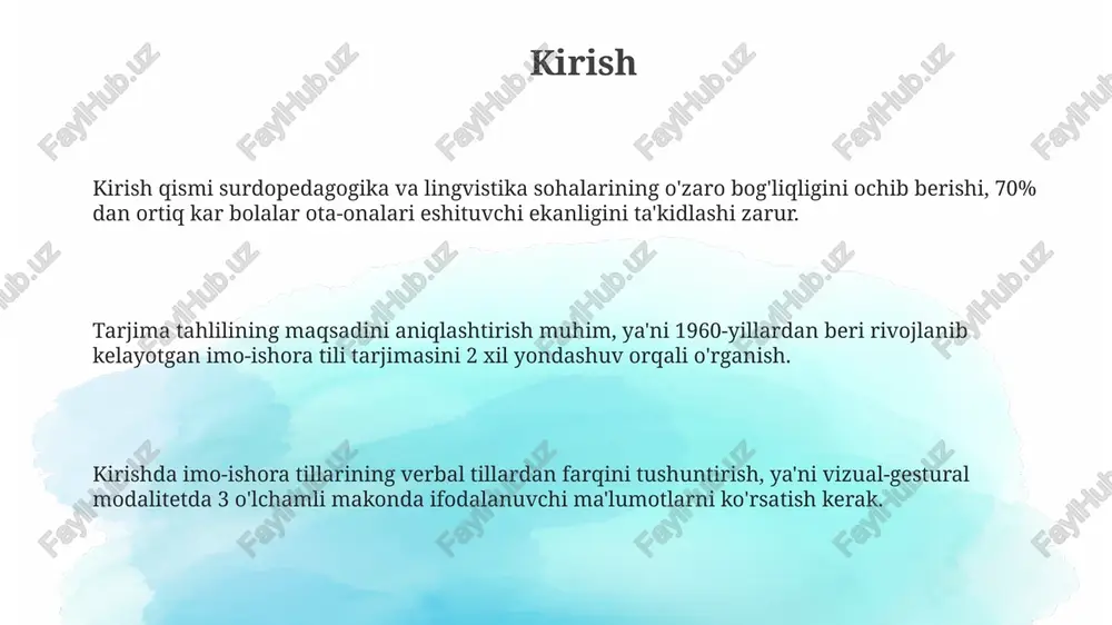 ima qilish uchun interaktiv platformalar yaratish imkoniyatini beradi, bu esa tushunishni 40% ga yaxshilaydi. misol tahlillari mimika va tana harakatlarining tarjimasi qiyin, chunki ular madaniy jihatdan bog'liq bo'lib, 70% ma'noni tashkil etadi, bu esa aniq ekvivalent topish muammosini tug'diradi. ism harakatlarining o'zgarishi, masalan, 1 qo'l harakatining 2 qo'l harakatiga aylanishi, ma'no nuanslarini sezilarli darajada o'zgartirishi mumkin, bu esa tarjima sifatiga ta'sir qiladi. leksik zaxiraning mos kelmasligi, xususan, 100 dan ortiq turli xil ishoralar mavjudligi sababli, har bir til uchun aniq tarjima talab qilinadigan tarjima muammosini yaratadi. xulosa xulosa shuni ko'rsatadiki, imoning 9-moddasi bo'yicha ishora tili tarjimasida muvofiqlikni baholashda 7 ta muhim lingvistik parametrni tahlil qilish lozim. ushbu tadqiqot natijalari 14 ta davlatdan olingan ma'lumotlar asosida ishora tilining tarjima sifatini yaxshilash uchun 5 ta amaliy tavsiyani o'z ichiga oladi. o'rganish davomida 200 dan ortiq tarjima namunasi ko'rib chiqildi, bu esa tarjima jarayonining 8 asosiy bosqichida 3 ta asosiy xatoni aniqlashga yordam …