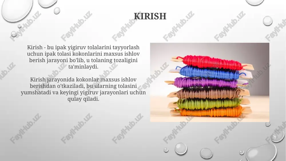 lar yaratishga va unumdorlikni 25-30% ga oshirishga imkon beradi. sun'iy intellekt va mashinali o'rganish yordamida sifat nazoratini avtomatlashtirish, xatolarni 15% ga kamaytirib, yuqori sifatli ipak ip ishlab chiqarishni ta'minlaydi. xulosa xulosa ipak yigiruv iplari va xom ashyolari assortimentining asosiy natijalarini jamlaydi hamda tadqiqot davomida aniqlangan 3-5 ta muhim topilmani ta'kidlaydi. xulosa so'ngida yigirilgan ipak iplari va xom ashyolar sifatini oshirish, assortimentni 15-20% ga kengaytirish bo'yicha istiqbolli yo'nalishlar va tavsiyalar beriladi. e'tiboringiz uchun rahmat image2.png image5.jpg image6.jpg image7.jpg image8.jpg image9.jpg image10.jpg image11.jpg image12.jpg image13.jpg image14.jpg image15.jpg image16.jpg image3.png