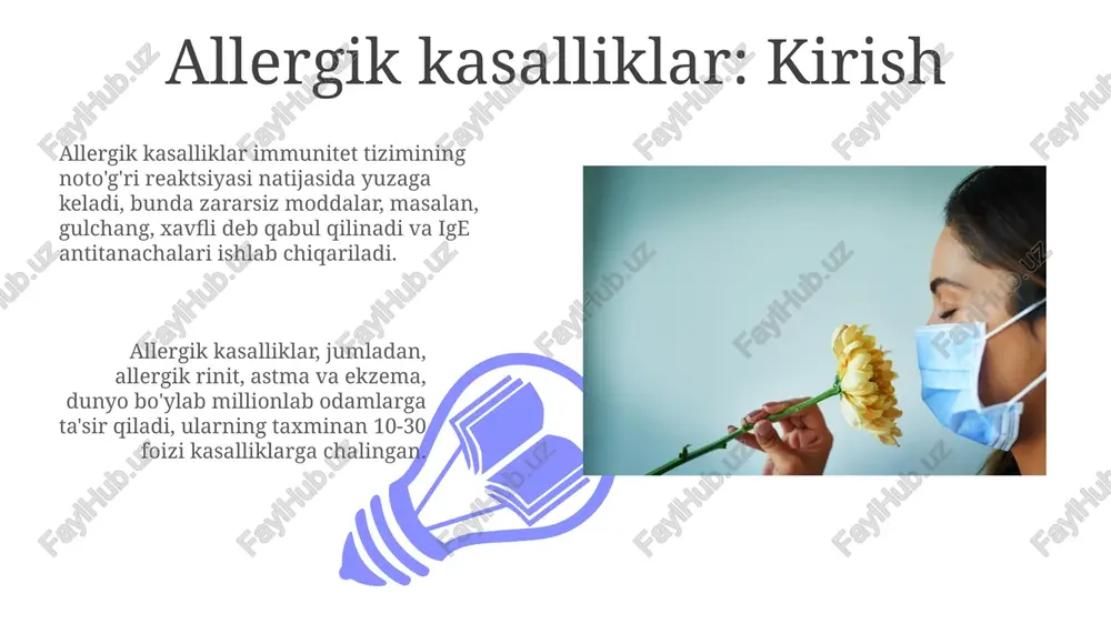 ovqat allergiyasining oldini olish uchun mahsulot tarkibini diqqat bilan o'qib chiqing. allergenlar ro'yxatda ko'rsatilishi kerak, masalan, 'tarkibida yeryong'oq bor' degan ogohlantirishlar bo'ladi. dori-darmon allergiyasi va uni oldini olish dori allergiyasi ko'pincha teri toshmasi, qichishish va shishish kabi simptomlar bilan namoyon bo'ladi, 1-toifa yuqori sezuvchanlik reaksiyasi orqali rivojlanadi. allergiya xavfini kamaytirish uchun, bemorlar anamnezida dori vositalariga bo'lgan nojo'ya ta'sirlarni aniqlash va ma'lumotlarni tibbiy kartaga kiritish muhim. teri allergiyasi (ekzema, kontakt dermatit) va ularni oldini olish 01 02 ekzema, ayniqsa bolalarda, koʻpincha oziq-ovqat allergiyalari bilan bogʻliq. allergenlarni aniqlash uchun testlar va parhez oʻzgarishlari 60-70% hollarda simptomlarni kamaytirishi mumkin. sales 1st qtr 2nd qtr 100 0 sales 1st qtr 2nd qtr 100 0 allergiya profilaktikasi: umumiy maslahatlar homiladorlik davrida va emizishda allergenga ta'sir qilishni kamaytiring, masalan, 12 oylikgacha sigir suti iste'molini cheklash allergik kasalliklar xavfini pasaytirishi mumkin. uyda chang oqadilarini kamaytiring: doimiy ravishda 60 daraja selsiyda choyshablarni yuving, chang yig'uvchi gilamlardan voz keching …