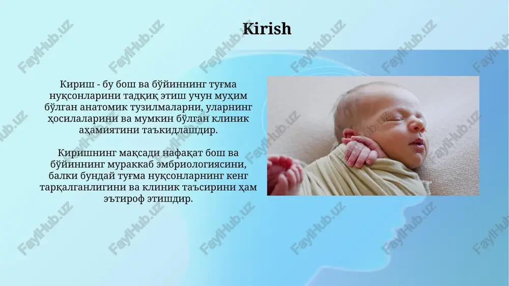 sefaliya yoki lab va tanglay yorig'ini aniqlash uchun skrining usuli hisoblanadi. mri, ultratovushda aniqlangan anomaliyalarni tasdiqlash va aniqlashtirish uchun ishlatiladi, masalan, bosh miya rivojlanishidagi 3-darajali anomaliyalar yoki nafas yo'llarining torayishi. davolash usullari (jarrohlik, ortodontiya) jarrohlik usullari, masalan, cleft labiani tuzatish uchun, odatda 3 oydan 6 oygacha bo'lgan chaqaloqlarda amalga oshiriladi, yaxshi kosmetik va funksional natijalarga erishish uchun. ortodontik davolash, 7 yoshdan 10 yoshgacha bo'lgan bolalarda tishlarning notog'ri joylashuvini to'g'rilash uchun ishlatiladi, bu esa jag' suyaklarining rivojlanishiga yordam beradi. prognoz va uzoq muddatli natijalar og'ir nuqsonlar, masalan, miya churrasi 50% dan ko'prog'ida o'limga olib kelishi mumkin, operatsiyadan keyin ham nevrologik nuqsonlar qolishi ehtimoli yuqori. yarim lab va tanglay nuqsonlari nutq terapiyasi va jarrohlik aralashuvlar bilan yaxshilanadi, lekin ba'zi bolalar 5 yoshdan keyin ham talaffuzda qiynalishi mumkin. e'tiboringiz uchun rahmat image3.jpg image4.jpg image5.jpg image6.jpg image7.jpg image8.jpg image9.jpg image10.jpg image11.jpg image12.jpg image13.jpg image14.jpg image1.png