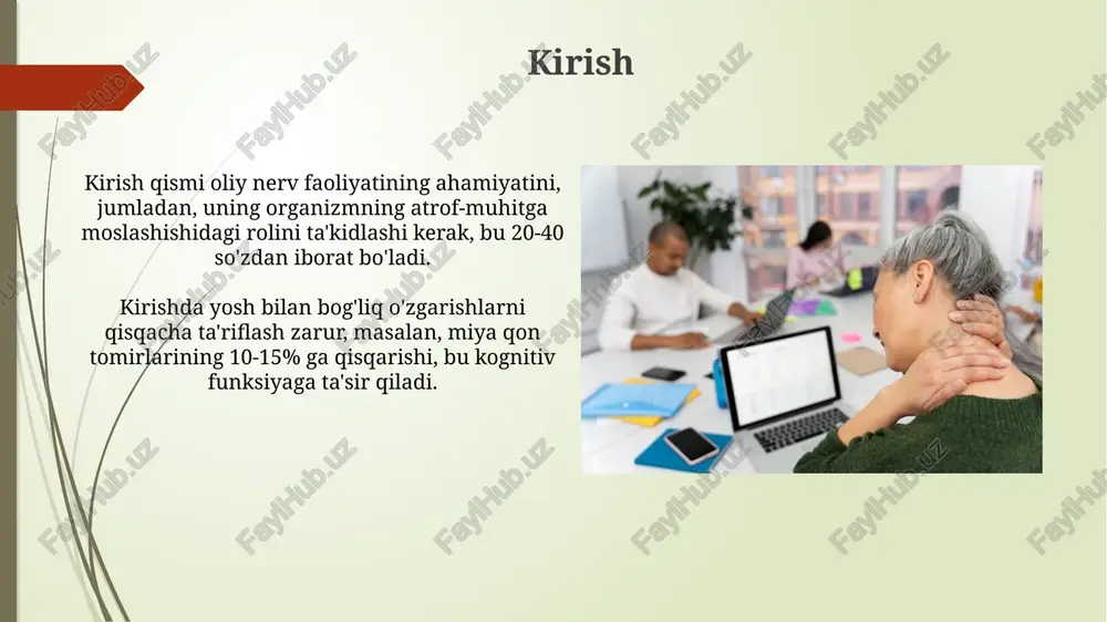 ekin salbiy his-tuyg'ular uzoqroq davom etishi mumkin, chunki miyaning emotsiyalarni boshqaruvchi markazlari o'zgaradi. stress va uning ta'siri surunkali stress kortizolning doimiy yuqori darajasiga olib kelishi mumkin, bu esa miyaning gipokampus qismida 25% gacha kichrayishga olib keladi va xotira bilan bog'liq muammolarni keltirib chiqaradi. o'tkir stress immunitet tizimini 2 soatgacha susaytirishi mumkin, ayniqsa, tabiiy qotil hujayralarining (nk hujayralari) faolligini kamaytiradi, bu esa infektsiyalarga zaiflashtiradi. yuqori nerv faoliyatining buzilishlari yuqori nerv faoliyatining buzilishlari, masalan, nevrozlar, vegetativ distoniya bilan birga kelishi mumkin, bu holatda simpatik va parasimpatik nerv tizimining muvozanati buziladi. uyquning buzilishi, masalan, uyqusizlik yoki gipersomniya, yuqori nerv faoliyatidagi muammolar tufayli yuzaga kelishi mumkin, bu esa ish qobiliyatiga salbiy ta'sir ko'rsatadi. uyqu va uyg'oqlik uyqu sikllari 90-120 daqiqa davom etadi, har bir sikl nrem (tez bo'lmagan ko'z harakati) va rem (tez ko'z harakati) bosqichlaridan iborat bo'ladi, bu miyaning faolligini aks ettiradi. uyqu gigienasi 7-9 soat uyquni o'z ichiga oladi, muntazam uyqu jadvali …