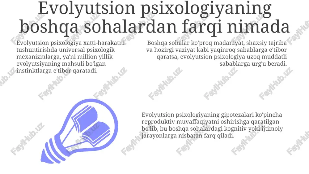 n fmri, eeg kabi neyroimaging texnologiyalaridan foydalanishadi, bu esa kognitiv jarayonlarning evolyutsion asoslarini aniqlashga yordam beradi 3 xil holatda. tanqidlar va cheklovlar evolyutsion psixologiyaning asosiy tanqidi – bu gipotezalarni tekshirishning qiyinligi, ko'pincha post-faktum tushuntirishlarga (just-so stories) asoslanishi va empirik dalillar yetishmasligi. bu 40-yillarda muhim bahs edi. determinatsiya va biologik reduksionizm evolyutsion psixologiyaning asosiy cheklovlaridan biridir, chunki u madaniyat va shaxsiy tajribaning inson xulq-atvoriga ta'sirini yetarli baholamaydi, 1990-yillardan beri. evolyutsion psixologiya gipotezalarni tekshirishda universallikni taxmin qiladi, lekin turli madaniy kontekstlarda xulq-atvorning xilma-xilligi bilan bog'liq empirik cheklovlar mavjud, ayniqsa 21-asrda. evolyutsion psixologiyaning qo'llanilishi tashkilotlarda evolyutsion psixologiya liderlik xususiyatlarini va guruh dinamikasini tushunishga yordam beradi, chunki qabilaviy instinktlar 7-10 kishilik kichik guruhlarda yaqqol namoyon bo'ladi. evolyutsion psixologiya marketingda iste'molchilarning xatti-harakatlarini tushunishga yordam beradi, masalan, ularning mahsulotlarni tanlashdagi instinktiv afzalliklari 90% holatda bilinmas bo'lishi mumkin. sog'liqni saqlash sohasida evolyutsion psixologiya stressning fiziologik ta'sirini tushunishga yordam beradi, chunki stress bilan bog'liq kasalliklar 2-3 marta ko'paygan. …