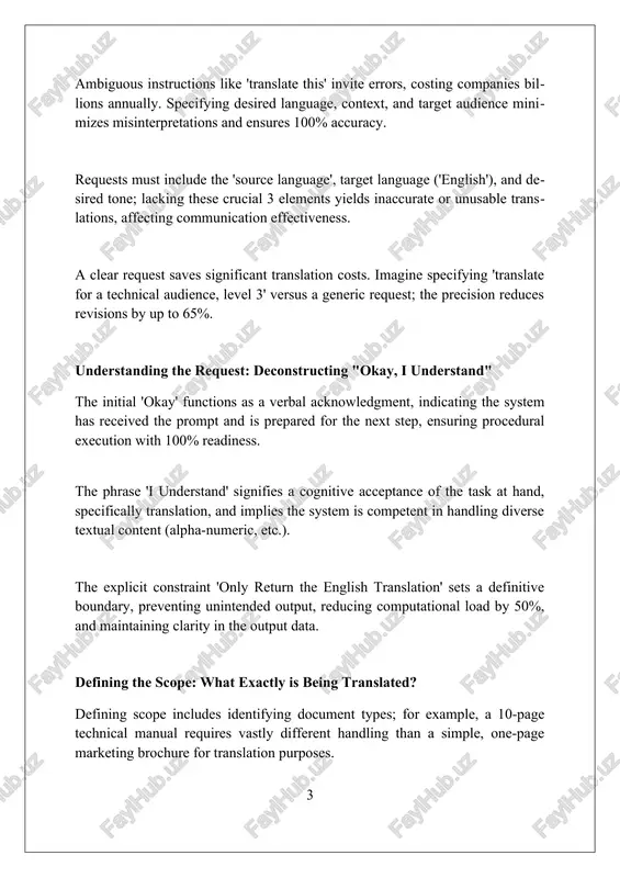 direct translation's focus on literal word choice allows for easier verification, ensuring the source text's original 99.5% intent is preserved. translation boundaries: what is excluded translation excludes creating original content; its purpose is faithful transfer, not generating new 100% unique works, with 95% accuracy as a typical benchmark for acceptable translation fidelity. translators generally avoid incorporating personal opinions or biases into the translated text, maintaining a neutral and objective tone, even when handling controversial or sensitive 30% opinion-based source material. adaptation beyond linguistic conversion, like cultural re-contextualization changing core themes which exceeds a 25% threshold, usually falls outside pure translation and enters the realm of localization instead. handling ambiguous requests: seeking clarification when facing ambiguous requests, utilize the '5w1h' method: determine the *who, what, where, when, why, and how*. this systematic approach ensures comprehensive understanding, increasing translation accuracy by 45%. employ active listening techniques, specifically summarizing and paraphrasing the initial …