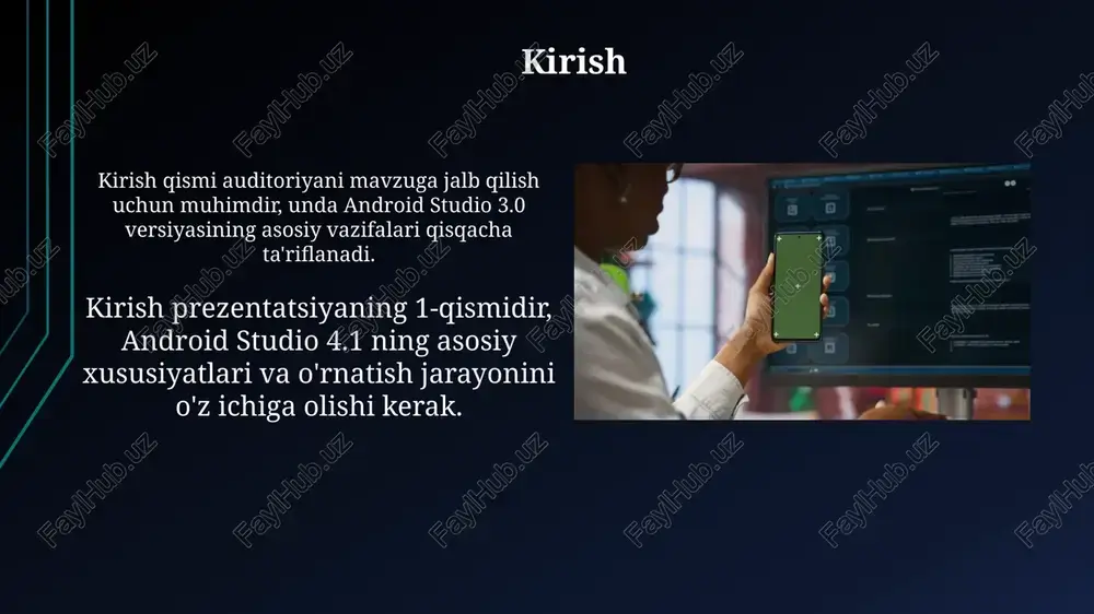 ni, masalan, 32-bit yoki 64-bitligini sozlash imkoniyatiga egasiz. emulyator real android qurilmasini taqlid qilib, ilovalarni sinovdan o'tkazish va ishlatish imkonini beradi, turli xil api darajalari va ekran o'lchamlari uchun optimallashtirilgan. birinchi loyihani yaratish birinchi loyihani yaratishda 'empty activity' shablonidan foydalaning, bu minimal kod bilan asosiy foydalanuvchi interfeysini 15-20 qadamda yaratishga yordam beradi. yangi loyiha nomini kiritishda 3 tadan 30 tagacha belgidan foydalaning, paket nomini sozlang, minimal sdk versiyasini android 5.0 (api level 21) yoki undan yuqori qilib belgilang. loyihaning tuzilishi loyihaning asosiy tuzilishi manifest faylini o'z ichiga oladi, unda ilovaning nomi, ruxsatlari va minimal api darajasi kabi muhim ma'lumotlar 16+ versiyalar uchun ko'rsatiladi. res papkasida turli xil resurslar saqlanadi, masalan, 10 ta turli xil ko'rinishdagi xml fayllari, tasvirlar va ranglar, ularni ilova davomida qayta ishlatish uchun mo'ljallangan. asosiy oynalar va vositalar android studio muharrir oynasi kod yozish, xml fayllarini tahrirlash va loyihangizning vizual tuzilishini ko'rish uchun mo'ljallangan. u sintaksisni ajratib …