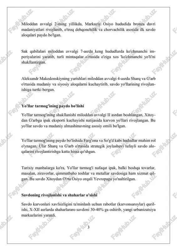 ing gullab-yashnashi ipak yo'lining gullab-yashnashi davrida, vi-viii asrlarda, savdo hajmi oshishi natijasida samarqand va buxoro kabi shaharlar muhim iqtisodiy markazlarga aylandi, madaniy almashinuv rivojlandi. ix-xii asrlarda islom olamining yuksalishi bilan ipak yo'li orqali fan, falsafa va san'at asarlari keng tarqaldi, bu esa mintaqa madaniyatiga katta ta'sir ko'rsatdi. xiii-xiv asrlarda mo'g'ullar imperiyasining barpo etilishi ipak yo'lida xavfsizlikni ta'minladi, savdo karvonlari uchun qulay sharoit yaratdi va savdo aloqalarini yanada kuchaytirdi. buddhizmning tarqalishi miloddan avvalgi 2-asrda buddizmning tarqalishi kushon imperiyasi orqali markaziy osiyoga yoyildi, bu yerda u mahalliy madaniyatlar bilan integratsiyalashib, yangi shakllarni yaratdi. budda rohiblari va savdogarlar buyuk ipak yo'li bo'ylab sayohat qilib, buddizm ta'limotlarini tarqatdilar; natijada ko'plab monastirlar va stupalar qurildi, bu esa o'z navbatida dinning qabul qilinishiga yordam berdi. buddizmning tarqalishi san'atga katta ta'sir ko'rsatdi. masalan, gandhara san'ati buddizmning tasvirlarini klassik yunon uslubi bilan birlashtirgan, bu esa ipak yo'lidagi madaniyatlar almashinuvining yorqin namunasidir. texnologiyalarning almashinuvi qogʻoz ishlab chiqarish texnologiyasi xitoydan …
