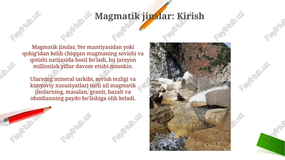 g uchun u poydevor va ko'p qavatli binolarda ishlatiladi. granitning siqilish kuchi 100 dan 250 mpa gacha bo'lishi mumkin, bu uning og'ir yuklarga bardosh berish qobiliyatini ko'rsatadi, shu sababli ko'prik qurilishida qo'llaniladi. bazalt: xususiyatlari va qo'llanilishi bazaltning yuqori zichligi, odatda 2.7 dan 3.0 g/sm³ gacha, va kam suv shimish qobiliyati uni gidrotexnik inshootlarda mustahkamlik uchun juda mos qiladi. bazalt toshining yuqori bosim ostida chidamliligi, 200 mpa dan oshishi mumkin, uni og'ir yuk ko'taruvchi poydevorlar qurishda ideal tanlovga aylantiradi. magmatik jinslarning afzalliklari va kamchiliklari qurilish materiallari sifatida magmatik jinslar yuqori bosimga bardoshliligi sababli, 250 mpa gacha, poydevorlar va gidrotexnik inshootlarda afzal, ammo ishlov berish qiyinligi qurilish xarajatlarini oshiradi. granit kabi magmatik jinslar 0.1-0.5% suv shimishi bilan ajralib turadi, bu ularning sovuqqa chidamliligini oshiradi, lekin og'irligi transport xarajatlarini sezilarli darajada ko'paytiradi. xulosa magmatik togʻ jinslari qurilish xususiyatlarining xulosasi shuni koʻrsatadiki, ularning mustahkamligi 100 mpa dan 300 mpa gacha boʻlgan siquvchi kuch bilan …