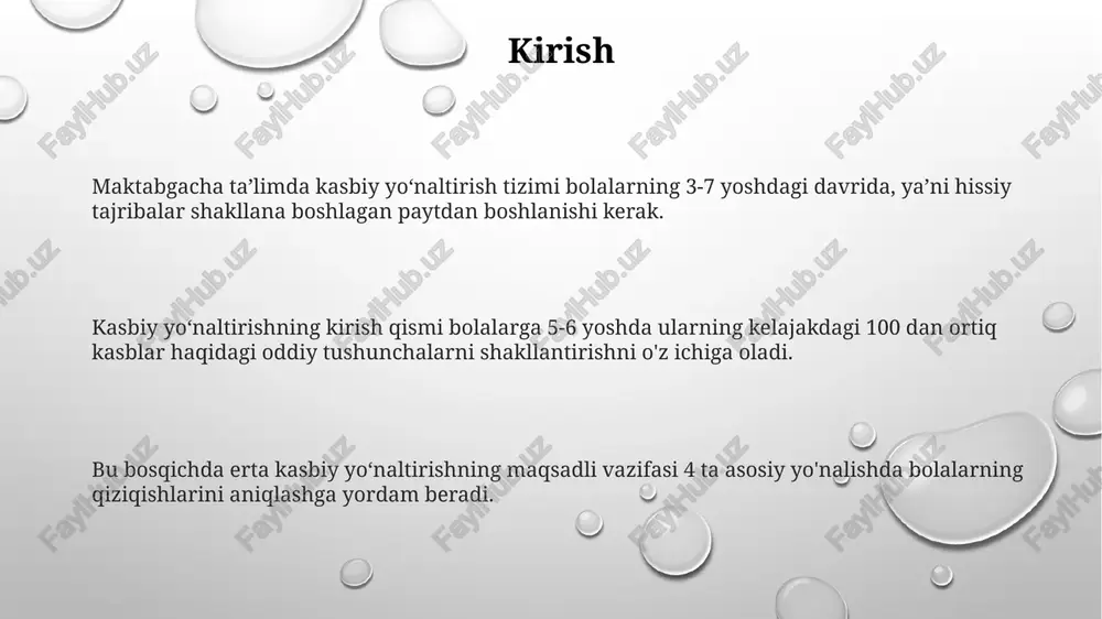 odik majmua tarkibiga 50 dan ortiq kasblar bo'yicha didaktik o'yinlar, rasmlar va hikoyalar kiritilgan bo'lib, ularning har biri bolalarning qiziqishini oshirishga qaratilgan. kasbiy yo'nalish bo'yicha testlar va so'rovnomalar to'plami pedagoglarga har bir bolaning qobiliyatini aniqlash va 7 ta asosiy yo'nalish bo'yicha tavsiyalar berishga yordam beradi. kasbiy o'yinlar va mashqlar mashqlar, masalan, 'kim nima qiladi?' o'yinlari, 4-6 yoshdagi bolalarga kasbiy faoliyatning 10-15 xil turini tushuntirishga yordam beradi. kasbiy o'yinlar bolalarni 3-5 yoshda turli xil kasblarning 2-3 ta asosiy elementlari bilan tanishtiradi, masalan, shifokorning asboblari. rolli o'yinlar 'do'kon' kabi, 5-7 yoshdagi bolalarda savdogar va xaridor o'rtasidagi 5-7 xil ijtimoiy munosabatlarni shakllantiradi. kasblar bilan tanishtirish shakllari va usullari kuzatuv usuli orqali bolalar 10-15 daqiqa davomida turli kasblar vakillarining ish jarayonini bevosita kuzatishlari mumkin, bu ularga vizual tushuncha beradi. roll o'yinlari bolalarga kasblarni 2-3 kishilik guruhlarda imitatsiya qilish imkonini beradi, masalan, shifokor bemorni davolaydi yoki o'qituvchi dars o'tadi. loyihalar orqali bolalar 1 haftadan 1 …