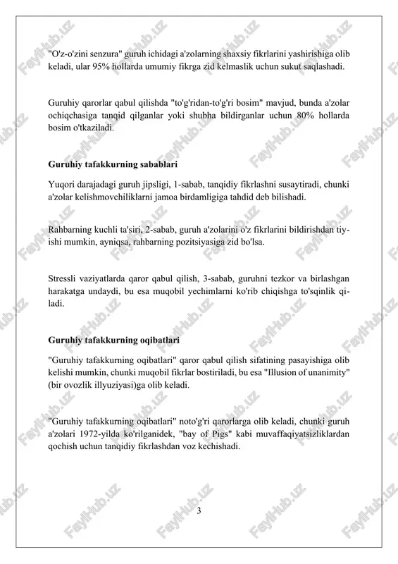 itida samaradorligini yo'qotgan va qizigan gazning qochishiga imkon bergan. halokatdan keyingi rogers komissiyasi nasaning xavfsizlik madaniyatida muhim kamchiliklarni aniqladi, bu esa tashkilot ichidagi aloqa va qaror qabul qilish jarayonlarida jiddiy o'zgarishlarga olib keldi. viyetnam urushi 1968-yildagi tet hujumi janubiy vyetnam boʻylab keng qamrovli hujum boʻlib, amerikaliklar urushning yechimi masalasida sezilarli darajada norozilik bildirishiga sabab bo'ldi. “agent orange” defolyanti urmonlarni yo'q qilish va dushmanni aniqlash uchun ishlatilgan, ammo millionlab vetnamliklarga uzoq muddatli salbiy ta'sir ko'rsatib, jiddiy muammolar tug'dirdi. tonkin koʻrfazidagi voqea, bahsli dengiz voqeasi, aqsh kongressiga tonkin koʻrfazi rezolyutsiyasini qabul qilishiga imkon berdi, bu esa urushni kengaytirishga imkon berdi. 1964 yil. guruhiy tafakkurning oldini olish strategiyalari guruh tafakkurini oldini olish uchun, 360 graduslik baholash usulini qo'llash kerak. bu orqali har bir a'zoning fikri oshkor bo'ladi va muhokama qilinadi. “advokat iblisi” texnikasi orqali, guruhning yagona fikriga qarshi chiqadigan “tanqidchi” tayinlash mumkin. bu, kamchiliklarni aniqlashga yordam beradi. anonim fikr bildirish imkoniyatini yaratish, ya'ni …