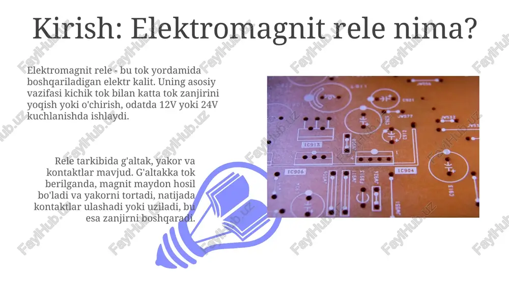, 5v dan 24v gacha) kattaroq quvvat zanjirlarini (120v dan 240v gacha) boshqarish uchun ishlatiladi. telekommunikatsiya sohasida elektromagnit relelar telefon stansiyalarida signal yo'nalishini o'zgartirish uchun qo'llaniladi. ular turli xil abonentlarga ulanishlarni yo'naltirish uchun 100 ms dan 500 ms gacha bo'lgan tezlikda ishlashi mumkin. afzalliklari va kamchiliklari afzalliklardan biri - yuqori izolyatsiya, nazorat zanjiri va yuk zanjiri o'rtasida elektr aloqasi yo'q, 1000 v gacha potentsiallarni ajratish imkonini beradi. kamchiliklar orasida sezgir kontaktlarning eskirishi, mexanik qismlarning mavjudligi tufayli ishonchliligi pastroq, o'rtacha 10^5 dan 10^7 gacha ishlash siklida. xulosa 01 02 elektromagnit relelar avtomatlashtirish tizimlarida keng qo'llaniladi, past kuchlanishli signallar yordamida yuqori kuchlanishli zanjirlarni boshqarish, masalan, 12v orqali 220vni yoqish imkonini beradi. sales 1st qtr 2nd qtr 100 0 sales 1st qtr 2nd qtr 100 0 e'tiboringiz uchun rahmat image5.jpg image6.jpg image7.jpg image8.jpg image9.jpg image10.jpg image11.jpg image12.jpg image13.jpg image14.jpg image15.jpg image16.jpg image1.jpeg image2.jpeg image3.jpeg