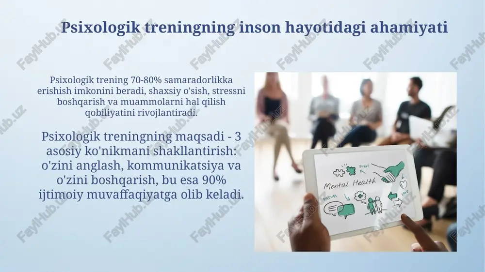 lik, trening davomida ishtirokchilarning shaxsiy ma'lumotlari 100% sir saqlanishini ta'minlash, axloqiy me'yorning muhim talabi hisoblanadi. hurmat va inklyuzivlik, barcha ishtirokchilarning fikrlari, kelib chiqishi va e'tiqodlariga nisbatan hurmatda bo'lish, 4-modda buzilmasligi kerak. psixologik treningni hayotda qo'llash misollari stressni boshqarish treningi 10-15 nafar qatnashchiga mo'ljallangan bo'lib, nafas mashqlari va kognitiv qayta qurish orqali stressni kamaytirishga qaratilgan amaliy mashqlarni o'z ichiga oladi. muloqot ko'nikmalari treningi 8 soat davom etadi va rol o'yinlari hamda fikr-mulohazalar orqali samarali tinglash, savol berish va fikr bildirish texnikalarini o'rgatadi. xulosa va tavsiyalar psixologik treninglarda 10-15 nafar ishtirokchidan iborat kichik guruhlar maqsadga muvofiq, chunki bunda har bir ishtirokchining faol ishtiroki va shaxsiy rivojlanishi ta'minlanadi. mashg'ulotlar davomiyligi 2-3 soatdan oshmasligi lozim, chunki diqqatning susayishi va o'zlashtirish darajasining pasayishi kuzatilishi mumkin. e'tiboringiz uchun rahmat image4.png image6.jpg image7.jpg image8.jpg image9.jpg image10.jpg image11.jpg image12.jpg image13.jpg image14.jpg image15.jpg image16.jpg image17.jpg image3.jpeg