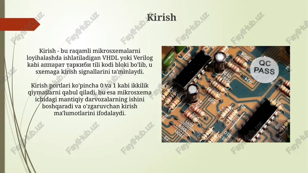 blash murakkablashadi. mikrosxema loyihalashning eda (electronic design automation) vositalari, masalan, synopsys va cadence, 90% gacha loyihalash jarayonini avtomatlashtirib, vaqt va resurslarni tejaydi. ishlab chiqarish jarayoni ishlab chiqarish jarayoni kremniy gofretlarini tayyorlashdan boshlanadi, unda yuqori tozalikdagi kremniy kristallari czochralski usuli bilan o'stiriladi va keyin nozik gofretlarga kesiladi. fotolitografiya jarayonida gofretlar fotosensitiv modda bilan qoplanadi, ultrabinafsha nurlar bilan ta'sirlanadi va ishlatilgan maskaga muvofiq namunalar yaratiladi, bu esa elektron sxemalarning asosini tashkil etadi. mikrosxemalarning qo'llanilishi mikrosxemalar telekommunikatsiya uskunalarida, masalan, 4g va 5g tarmoqlarida yuqori tezlikda ma'lumotlarni uzatish va qayta ishlash uchun ishlatiladi, bunda signalni modulyatsiya va demodulyatsiya qilish muhim. avtomobil sanoatida mikrosxemalar dvigatelni boshqarish bloklarida (ecu), xavfsizlik tizimlarida (abs, esp) va haydovchiga yordam berish tizimlarida (adas) 77 ghz radar orqali qo'llaniladi. e'tiboringiz uchun rahmat image2.jpg image3.jpg image4.jpg image5.jpg image6.jpg image7.jpg image8.jpg image9.jpg image10.jpg image11.jpg image12.jpg image13.jpg
