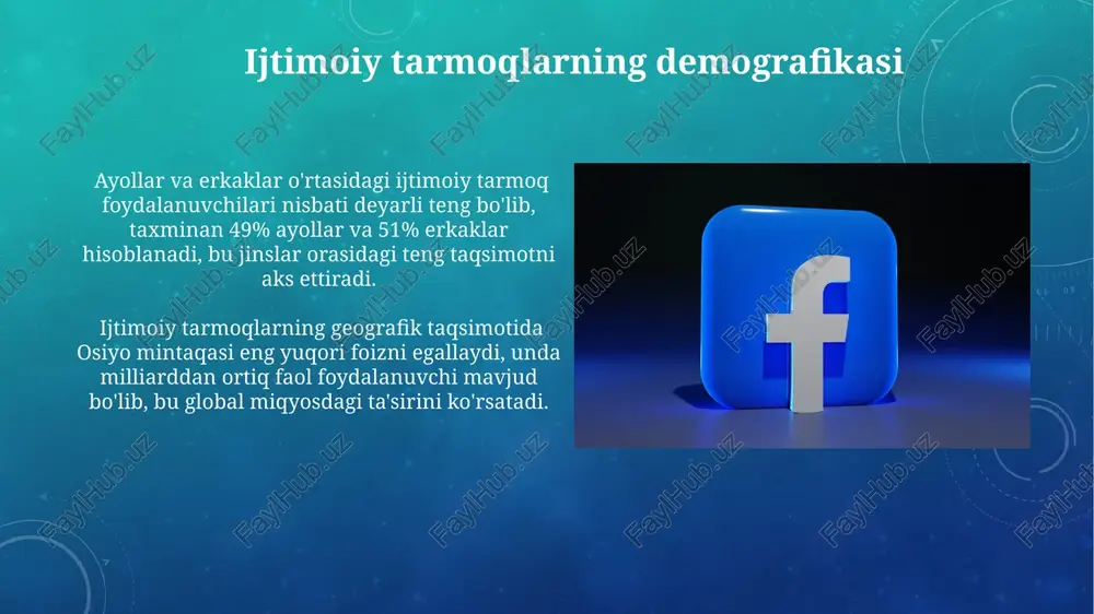 ozlar bilan munosabatlarni yaxshilashga yordam beradi, shuningdek, brend obro'sini himoya qilishda muhim rol o'ynaydi; o'rtacha javob berish vaqti 24 soatdan oshmasligi kerak. facebookning tez ommalashuvi facebook platformasining do'stlarni topish, fotosuratlar va videolarni baham ko'rish kabi oddiy, foydalanuvchilarga qulay xususiyatlari uning tez ommalashuviga katta hissa qo'shdi. 2000-yillar oxirida smartfonlarning keng tarqalishi va mobil internetning rivojlanishi facebookning global miqyosda ommalashuviga va milliardlab foydalanuvchilarga yetishishiga turtki bo'ldi. ijtimoiy tarmoqlar va ommaviy axborot vositalari fake news va dezinformatsiya tarqalishi bilan kurashishda ommaviy axborot vositalari va ijtimoiy tarmoqlar o'rtasidagi hamkorlik samaradorligi atigi 35% ni tashkil etadi. o'zbekistonda 2023 yilda ijtimoiy tarmoq foydalanuvchilari soni 15 millionga yetdi, bu esa ularning ommaviy axborot vositalariga raqobatdosh bo'lishini ko'rsatadi. kelajakdagi ijtimoiy tarmoqlar metaverse integratsiyasi orqali ijtimoiy tarmoqlar virtual dunyolarni yaratish va ularda o'zaro aloqalarni rivojlantirish imkoniyatini beradi, bu esa milliardlab foydalanuvchilarni jalb qilishi mumkin. sun'iy intellekt (ai) asosida ishlaydigan algoritmlar ijtimoiy tarmoqlarda shaxsiylashtirilgan kontentni taqdim etish va foydalanuvchilarning ehtiyojlariga …