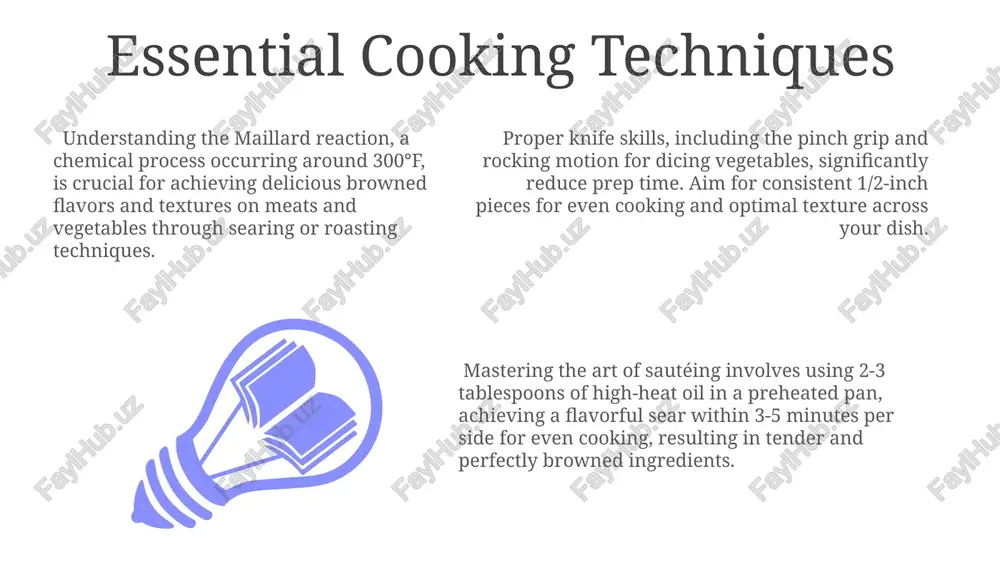 emical process occurring above 140°c, is key to achieving delicious browning and complex flavors in meats and vegetables. mastering basic knife skills, like the pinch grip and rocking chop, is crucial; improper technique can lead to 30% more accidents in the kitchen, impacting efficiency and safety. properly measuring ingredients, using tools like measuring cups and spoons accurate to within +/- 1 gram, is essential for consistent results in baking, where ratios are critical to success. thank you for your attention @taqdimot_robot image1.jpeg image2.jpeg image3.jpeg
