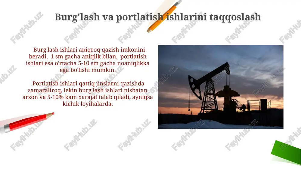 ezligi (m/min), toshning xususiyatlari va loyiha talablariga bog'liq holda tanlanadi. portlatish ishlarida ishlatiladigan portlovchi moddalarning turi va miqdori, toshning mustahkamligi (mpa) va qatlamning qalinligiga qarab aniqlanadi, bu esa xavfsizlik va iqtisodiy samaradorlikni ta'minlaydi. ishchi kuchining malakasi muvaffaqiyatli burg'ilash va portlatish ishlari uchun, jamoaning kamida 70% ishchilari tegishli sertifikatlarga ega bo'lishi va xavfsizlik texnikasi bo'yicha 20 soatlik treningdan o'tishi zarur. malakali muhandislar nazorati ostida, kamida 10 yillik tajribaga ega bo'lgan 2 ta katta ustalar jamoa ishlarini samarali boshqarishi va xavfsizlikni ta'minlashi muhim. iqtisodiy samaradorlik 1000 m³ tog' jinsini qazib olishda, burg'ulash usuli o'rtacha 15 kun talab qilsa, portlatish usuli 5-7 kun ichida bajariladi, bu esa vaqt va ishchi kuchi xarajatlarini sezilarli darajada kamaytiradi. qazib olish va portlatish ishlarining iqtisodiy samaradorligini baholashda, portlatish usuli o'rtacha 20-30% yuqori unumdorlikni ta'minlasa-da, dastlabki sarmoyalar sezilarli darajada yuqori bo'lishi mumkin. e'tiboringiz uchun rahmat @taqdimot_robot image2.png image1.png image5.jpg image6.jpg image7.jpg image8.jpg image9.jpg image10.jpg image11.jpg image12.jpg image13.jpg image14.jpg …