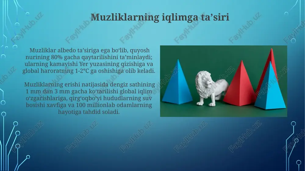 arorat, suvning tozaligi va mineral moddalar miqdoriga bogʻliq boʻlib, haroratning -20°c dan pastga tushishi oʻsish tezligini sekinlashtiradi. katta muz kristallari oʻrtacha 0,1-1 mm oʻlchamda boʻladi va ularning shakli murakkab boʻlib, dendritsimon tuzilmalarni hosil qiladi, bu esa muzning mexanik xususiyatlariga taʼsir qiladi. inson faoliyatining taʼsiri inson faoliyati natijasida kelib chiqadigan issiqxona gazlari emissiyasi, global miqyosda 20-asrning oxiridan boshlab 30% ga oshgan bo'lib, muzliklarning tez erishiga sabab bo'lmoqda. sanoatlashgan davlatlarda 1950 yildan beri kuzatilgan ifloslanishning o'sishi, muzliklar yuzasiga tushadigan quyosh nurlarining aks etishini kamaytirib, ularning erish tezligini oshirmoqda – albedo taʼsiri. shamolning taʼsiri quyosh nuri miqdori muzliklarning erish tezligiga sezilarli taʼsir koʻrsatadi; 10% ga oshgan quyosh radiatsiyasi 5-10% ga koʻproq erishga olib kelishi mumkin. shamol, qorning bir hududdan ikkinchisiga koʻchishiga yordam berib, baʼzi joylarda muzliklarning qalinlashuviga, boshqa joylarda esa yupqalashuviga olib kelishi mumkin, bu jarayon 1-2 metrga yillik oʻzgarishlarga olib kelishi mumkin. muzliklarning hosil boʻlish jarayoni muzlikning oʻsishi va rivojlanishi qor yogʻinlari …