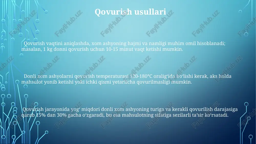 n mahsulotlarini 2-3 daqiqada 800 vt quvvatda pishirish ularning namligini saqlashga yordam beradi, ammo to'liq pishishiga kafolat bermaydi. don mahsulotlarini mikroto'lqinli pechda pishirish vaqti va quvvati ularning hajmi va zichligiga qarab 1-5 daqiqa oralig'ida o'zgaradi. optimal natijalar uchun bir necha marta tekshirish tavsiya etiladi. pechda pishirish pechda pishirish jarayonida, donli mahsulotlarning bir xilda pishirilishi uchun har 15 daqiqada ularni aralashtirish tavsiya etiladi. bu bir xil rang va pishish darajasini ta'minlaydi. pechda pishirishda 180-200°c haroratda taxminan 30-40 daqiqa davomida donli xom ashyolarni pishirish maqsadga muvofiqdir, bu vaqt davomida ularning ichki harorati 90°c ga yetadi. donli mahsulotlarni pechda pishirishda ularning namligini hisobga olish kerak. ortiqcha namlik pishirish vaqtiga, kamligi esa mahsulotlarning quruq bo'lib qolishiga olib keladi. grilda pishirish donli xom ashyoning turini hisobga olgan holda, gril usulida pishirish vaqti 5-10 daqiqaga farq qilishi mumkin. masalan, no’xat 15 daqiqa, guruch esa 20 daqiqa pishadi. gril’da pishirish jarayonida donli xom ashyoni 180-220°c haroratda 15-20 …