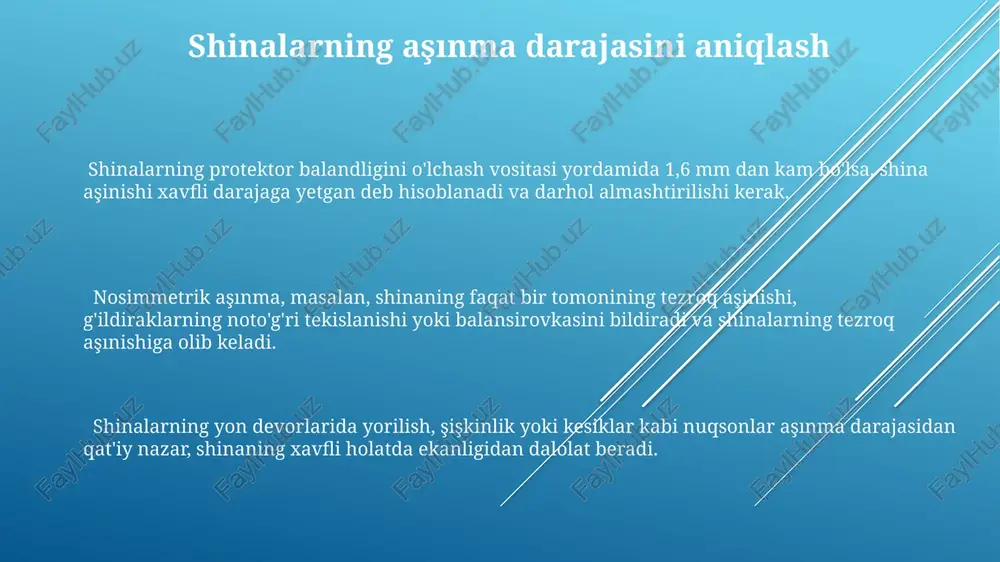 bga olish muhimdir; 10°c pasayish 1 psi gacha pasayishi mumkin. yoqilg'i tizimini tekshirish yoqilg'i filtrining ifloslanish darajasini baholash uchun uning tashqi ko'rinishini tekshirish va 10000 km dan keyin almashtirish tavsiya etiladi. yoqilg'i nasosining ishlash bosimini manometr yordamida o'lchash va spetsifikatsiyadagi 3-4 atm ko'rsatkich bilan solishtirish kerak. yoqilg'i shlanglarining yorilishlari yoki sizishlarini aniqlash uchun vizual tekshirish va 5-10 atm bosimdagi sinash zarur. shinalarning yıpranishini va shikastlanishini aniqlash shinalardagi aşınma notekis bo'lsa, bu balansning buzilganligini yoki süspansiyon tizimidagi muammolarni ko'rsatishi mumkin, bu esa avtomobil boshqaruvini qiyinlashtiradi. shinalarning protektori chuqurligini o'lchash vositasi yordamida tekshirish, 1.6 mm dan kam bo'lsa, shina almashtirilishi kerakligini ko'rsatadi. bu xavfsizlik uchun muhimdir. yon devorlardagi yorilish, kesish yoki şişkinliklar 2-3 mm dan katta bo'lsa, shinaning strukturaviy yaxlitligi buzilgan demakdir va darhol almashtirish talab etiladi. avtomobil shinalarini tekshirish va holatini baholash balanslash va geometriya tekshiruvi orqali avtomobil shinalarining aşınmasının teng taqsimlanishini baholash mumkin, bu esa shinalarning xizmat muddatini uzaytirishga yordam …