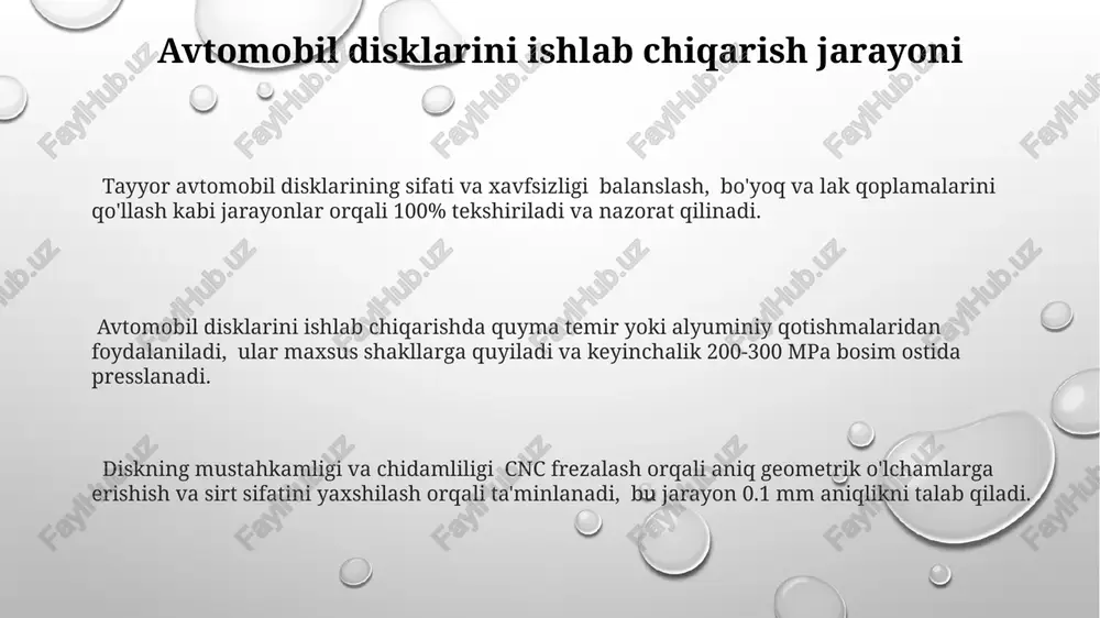 damida sekundiga 3-5 ta disk yigʻiladi, bu esa ishlab chiqarish samaradorligini sezilarli darajada oshiradi. sifat nazorati jarayonida 100% mahsulotlar 3 bosqichli tekshiruvdan oʻtkazilib, standartlarga mosligi aniqlanadi va 0,5% dan kam nuqsonli mahsulot chiqishiga erishiladi. e'tiboringiz uchun rahmat @taqdimot_robot image1.png image2.png image3.png