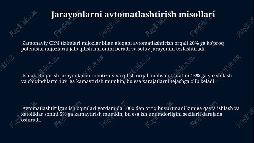 tlar bazasini birlashtirish orqali xarajatlarni 20% ga qisqartirishga yordam beradi. api integratsiyasi orqali turli xil tizimlar o'rtasidagi ma'lumot almashinuvini avtomatlashtirish 15% vaqt tejash va ishchi kuchini optimallashtirish imkonini beradi. avtomatlashtirish vositalari va texnologiyalari bulutli texnologiyalar va api integratsiyasi orqali 500 dan ortiq turli xil tizimlarni avtomatlashtirish mumkin, bu esa ma'lumot almashinuvini tezlashtiradi va xatolarni kamaytiradi. mashinani o'rganish algoritmlari yordamida optimallashtirish jarayonlari ma'lumotlar tahlili orqali 15% gacha xarajatlarni kamaytirish va 10% gacha foyda o'sishini ta'minlaydi. avtomatlashtirishda rpa (robotic process automation) texnologiyalari 70% gacha oddiy, takrorlanuvchi vazifalarni avtomatlashtirib, ish unumdorligini 2-3 baravar oshirishi mumkin. ish samaradorligini oshirish avtomatlashtirish orqali ish samaradorligini 20-30% ga oshirish mumkin, bu esa xarajatlarni kamaytirish va daromadni ko'paytirishga olib keladi. ishchilarning asosiy vazifalariga e'tiborini qaratishlari uchun takrorlanuvchi jarayonlarni avtomatlashtirish kerak. ish jarayonlarini tahlil qilish va optimallashtirish orqali o'rtacha 10% gacha vaqt tejash mumkin. bu esa yangi loyihalar va vazifalarni bajarish uchun qo'shimcha resurslarni ajratish imkonini beradi. zamonaviy crm …