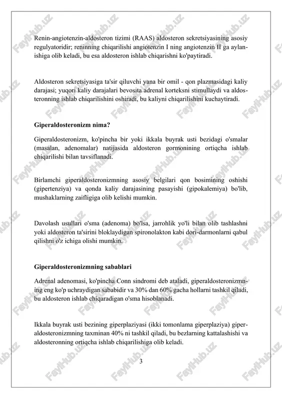 ib keladi va elektrolitlar muvozanatini buzadi. xavf omillari surunkali buyrak yetishmovchiligi renin-angiotensin tizimining doimiy faollashuviga olib kelishi mumkin, bu esa aldosteronning sekretsiyasini oshiradi va giperaldosteronizm xavfini oshiradi. jigar sirrozi kabi jigar kasalliklari aldosteron metabolizmini buzishi mumkin, natijada qonda aldosteronning ko'payishi va giperaldosteronizmning rivojlanishi kuzatiladi. uzoq muddatli diuretiklarni (ayniqsa, tiyazidlar) qo'llash organizmda kaliy miqdorining kamayishiga olib keladi, bu esa aldosteronning chiqarilishini rag'batlantirishi va giperaldosteronizmga olib kelishi mumkin. giperaldosteronizmning belgilari giperaldosteronizm belgilari orasida eng ko'p uchraydigani bu qon bosimining 140/90 mmhg dan yuqori bo'lishidir, bu esa bosh og'rig'iga sabab bo'lishi mumkin. kamqonlik (gipokaliemiya) giperaldosteronizmda tez-tez uchraydi, qonda kaliy miqdori 3.5 meq/l dan past bo'ladi, bu esa mushak zaifligini keltirib chiqaradi. giperaldosteronizmda siydik bilan kaliyning yo'qolishi ko'payishi mumkin (kaliyurezi), bu esa sutka davomida 20 meq dan ortiq kaliy yo'qotilishiga olib keladi. diagnostika giperaldosteronizmni tashxislash uchun aldosteron va reninning qon plazmasidagi nisbati (arr) tekshiruvi o'tkaziladi; agar arr > 20 bo'lsa va aldosteron ≥ 15 …