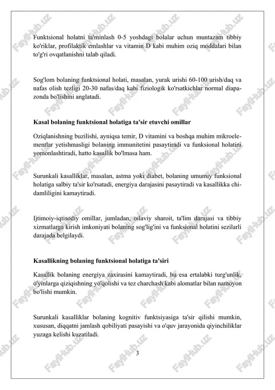 uvlar laboratoriya tekshiruvlarida umumiy qon tahlili (qkt) muhim. qktda gemoglobin, leykotsitlar va trombotsitlar soni aniqlanadi, bu infeksiya va anemiya holatini baholashda yordam beradi. instrumental tekshiruvlar orasida ekg (elektrokardiogramma) yurak ritmini baholash va yurak kasalliklarini aniqlash uchun muhim. unda p, qrs, t to'lqinlari o'rganiladi. rentgen tekshiruvi pnevmoniya yoki boshqa o'pka kasalliklarini aniqlashda yordam beradi. rentgen nurlari orqali o'pka to'qimalarining zichligi va tuzilishi baholanadi, bu tashxis qo'yishda muhimdir. funktsional holatni monitoring qilish funktsional holat monitoringi bolaning fiziologik tizimlari (nafas olish, yurak-qon tomir) faoliyatini baholaydi, masalan, spo2 95% dan yuqori bo'lishi kerak. o'z vaqtida monitoring kasallikning og'irlashuvini aniqlashga yordam beradi, masalan, har 2-4 soatda qon bosimini o'lchash sepsisning dastlabki belgilarini aniqlaydi. bolaning funktsional holatini baholashda sub'ektiv ma'lumotlar (xulq-atvor o'zgarishi, og'riq shikoyatlari) va ob'ektiv ko'rsatkichlar (tana harorati 38.5°c dan yuqori) hisobga olinadi. davolashning asosiy tamoyillari davolashning asosi bolaning yoshiga mos fiziologik ehtiyojlarini, masalan, 6-12 oy ichida mos ovqatlanish va 10-14 soat uyquni ta'minlashdan iborat. …