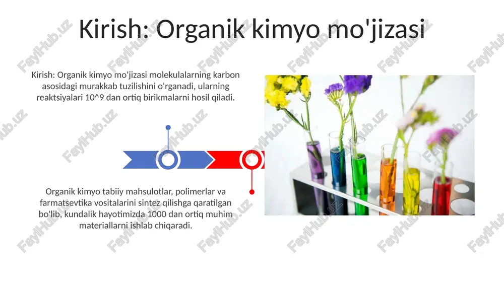 neftdan plastmassagacha organik kimyo biologiyada: hayotning qurilish bloklari oqsillar 20 xil aminokislotalardan tuzilgan bo'lib, peptid bog'lari orqali bog'langan. ushbu tuzilmalar biologik katalizatorlar – fermentlar va hujayra tuzilishi uchun zarurdir. dnk va rnk nuklein kislotalari azotli asoslar (a, t, c, g/u), pentoza shakari va fosfat guruhlaridan iborat. genetik ma'lumotni saqlaydi va uzatadi. organik kimyo tibbiyotda: dorilar va dori vositalari ko'pgina dorilar organik molekulalar bo'lib, ularning sintezi murakkab organik reaksiyalarni o'z ichiga oladi, masalan, diels-alder reaksiyasi, unumdorlikni oshirish uchun optimal sharoitlarni talab qiladi. antibiotiklar, masalan, penitsillin, beta-laktam halqasiga ega organik birikmalardir. ushbu halqaning bakterial fermentlar bilan o'zaro ta'siri ularning o'sishini to'xtatadi. xulosa: organik kimyoning kelajagi organik kimyo kelajagi uglerod-uglerod bog'lanishini hosil qilishda 95% samaradorlikka ega bo'lgan yangi, barqaror katalizatorlarga bog'liq bo'ladi. keyingi o'n yillikda, 80% dori vositalari organik kimyo yordamida ishlab chiqiladi va bu jarayon 3d bosib chiqarish orqali tezlashadi. e'tiboringiz uchun rahmat image3.png image5.jpg image6.jpg image7.jpg image8.jpg image9.jpg image10.jpg image11.jpg image12.jpg …