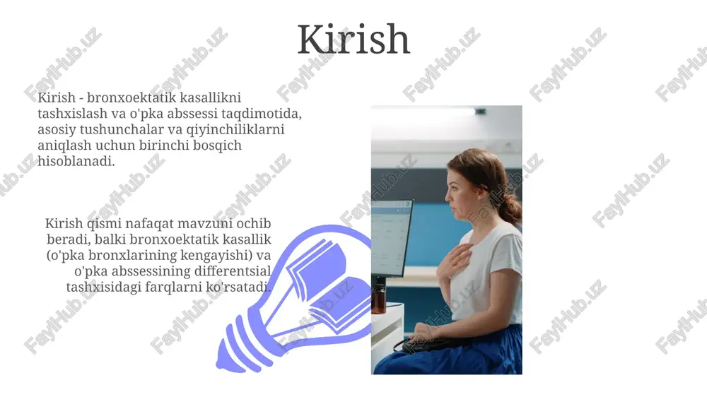 i davolash uchun ishlatiladi, odatda 10-14 kun davomida. makrolid antibiotiklari uzoq muddatli, masalan, 6-12 oy davomida ishlatilishi mumkin. o'pka absessi davolash o'pka absessi davolashda antibiotiklar muhim, masalan, klindamitsin 600 mg har 8 soatda vena ichiga, anaerob bakteriyalarga qarshi samaradorligi yuqori. drenajlash usullari, xususan, perkutan kateter drenajlash, katta (6 sm dan ortiq) yoki antibiotiklarga javob bermagan absesslar uchun samarali, 70-90% hollarda muvaffaqiyatga erishiladi. asoratlar 01 02 asoratlar ko'krak qafasi ichida yiring to'planishiga olib kelishi mumkin, bu esa empiema deb ataladi va uni davolash uchun torakosentez yoki naycha drenajini talab qilishi mumkin. sales 1st qtr 2nd qtr 100 0 sales 1st qtr 2nd qtr 100 0 prognoz bronxoektatik kasallikda prognoz nafas olish funktsiyasi buzilishining og‘irligi va yiliga kamida 3 marta qaytalanuvchi infektsiyalarning mavjudligi bilan belgilanadi. o'pka abstsessining prognozi antibiotik terapiyasi va drenajga 70-90% hollarda javob berishiga bog'liq, ammo yuzaga kelishi mumkin bo'lgan plevra empiemasi bilan yomonlashishi mumkin. profilaktika bronxoektatik kasallikni erta aniqlash …