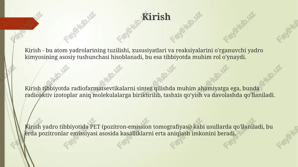 honlanmagan antigen maxsus antitelalar bilan bog'lanish uchun kurashadi. radioimmun tahlil (ria) yuqori sezuvchanligi tufayli, gormonlar, vitaminlar va dori vositalarining juda kichik konsentratsiyalarini o'lchash uchun ishlatilgan, ba'zida pikogramm (10^-12 gramm) darajasida. radioterapiya radioterapiya ikki asosiy shaklda mavjud: tashqi nurli radioterapiya, bunda nurlanish mashina orqali tanadan tashqaridan chiqariladi va ichki radioterapiya (brakiterapiya), bunda radioaktiv manba tanaga joylashtiriladi. radioterapiya saraton hujayralarini yo'q qilish yoki ularning o'sishini sekinlashtirish uchun yuqori energiyali nurlanishdan, masalan, rentgen nurlari yoki gamma nurlaridan foydalanadi, maqsad esa dnkga zarar yetkazishdir. radioterapiya davolash, palliativ yordam yoki adjuvant terapiya sifatida ishlatilishi mumkin; taxminan 50% saraton kasalliklari davolanish jarayonining bir qismida radioterapiyani o'z ichiga oladi. brachiterapiya brakiterapiyada radioaktiv manba to'g'ridan-to'g'ri o'simtaga yoki uning yoniga joylashtiriladi, bu esa atrofdagi sog'lom to'qimalarga ta'sirni minimallashtirgan holda 60 dan 90 gacha greygacha bo'lgan yuqori doza berishga imkon beradi. yuqori dozali brakiterapiya (hdr) da iridium-192 kabi kuchli radioaktiv manbalar bir necha daqiqadan soatlargacha qisqa vaqt davomida implantatsiya qilinadi, …