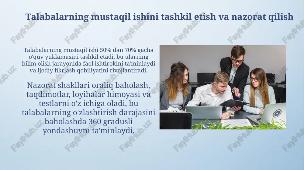 ziga ishonchini orttiradi. nazorat shakllari va usullari talabalarning mustaqil ishini nazorat qilishda 1-usul - bu o'z-o'zini nazorat, bunda talabalar topshiriqlarni bajarish sifatini o'zlari baholaydilar va kamchiliklarni aniqlaydilar. baholashning 2-shakli - bu o'zaro baholash, bunda talabalar bir-birlarining ishlarini ko'rib chiqadilar va 3 ta asosiy mezon bo'yicha fikr-mulohazalar beradilar. baholash mezonlari va tizimi baholash mezonlari talabalarning mustaqil ishlarini xolisona baholash uchun aniq, o'lchanadigan va erishiladigan ko'rsatkichlarni o'z ichiga oladi, masalan, topshiriqning 70% qismi bajarilgan bo'lsa. baholash tizimi odatda ballar (masalan, 100 ballik tizim) yoki harflar (a-f) orqali ifodalanadi, bu talabalarning ishlash darajasini aniq ko'rsatadi va reytingini belgilaydi. mustaqil ishni tahlil qilish va xulosalar chiqarish mustaqil ishlar tahlilida, 70% dan yuqori natijaga erishgan talabalar ishlarida mavzuning to'liq ochib berilgani, 2-3 ta asosiy manbadan foydalanganliklari kuzatildi. xulosalarda 5 tadan ortiq mustaqil ishlarning kamchiliklari aniqlanganda, o'quv dasturiga 1-2 ta qo'shimcha mashqlar kiritish orqali o'zlashtirishni yaxshilash mumkin. mustaqil ishni takomillashtirish bo'yicha tavsiyalar mustaqil ishlarni baholash mezonlarini …