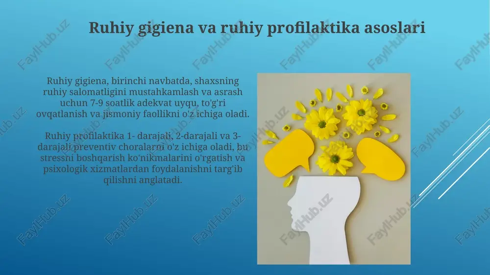 professional yordamga murojaat qilish, erta davolanish imkoniyatini beradi, muammoning kuchayishini oldini oladi va 60-70% hollarda samarali yechim topishga yordam beradi. ruhiy salomatlik muammolari uchun professional yordam, masalan, psixolog yoki psixiatrga murojaat qilish, dori-darmonlar va psixoterapiya orqali 85% gacha holatlarda yaxshilanishga olib kelishi mumkin. e'tiboringiz uchun rahmat image1.png image2.jpg image3.jpg image4.jpg image5.jpg image6.jpg image7.jpg image8.jpg image9.jpg image10.jpg image11.jpg