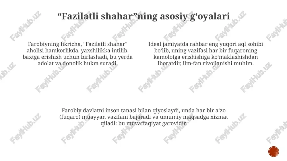 ajasi xxi asr qadriyatlari bilan ziddiyatga kirishadi. farobiyning davlatning barqarorligi va adolatli boshqaruvga urg'u berishi zamonaviy siyosiy nazariya uchun ahamiyatli, lekin uning elitaristik qarashlari tanqidga loyiq. e'tiboringiz uchun rahmat image1.png image2.png image3.png image4.png image5.png image6.png