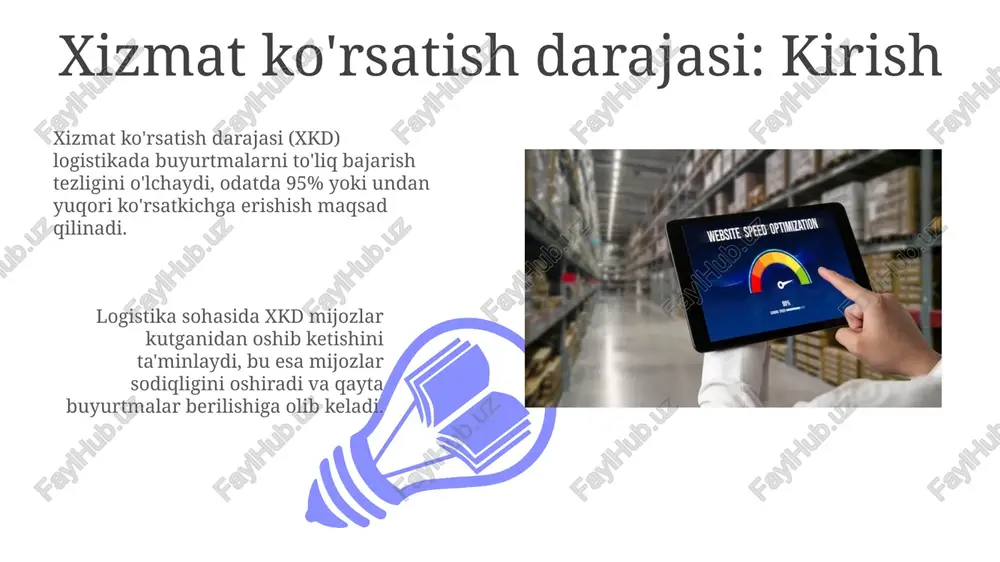 masalan, dijkstra algoritmi, yetkazib berish vaqtini 15% ga qisqartirish va yoqilg'i xarajatlarini 10% ga kamaytirish imkonini beradi. texnologiyaning roli texnologiya inventarizatsiya boshqaruvini avtomatlashtiradi, real vaqtda 99% aniqlikdagi monitoring imkonini beradi, saqlash xarajatlarini 15% ga kamaytiradi va yetkazib berish zanjiri samaradorligini oshiradi. raqamli platformalar logistikada transport vositalarini kuzatishni gps orqali ta'minlaydi, marshrutni optimallashtiradi va 25% gacha yoqilg'i sarfini kamaytiradi, shuningdek, yetkazib berish muddatlarini qisqartiradi. doimiy takomillashtirish 01 02 doimiy takomillashtirish logistika xizmatida 1% ga kamroq xatolarga olib kelishi mumkin. masalan, har 1000 ta buyurtmada 10 ta xato bo'lsa, bu ko'rsatkich 9 taga tushadi. sales 1st qtr 2nd qtr 100 0 sales 1st qtr 2nd qtr 100 0 e'tiboringiz uchun rahmat image5.jpg image6.jpg image7.jpg image8.jpg image9.jpg image10.jpg image11.jpg image12.jpg image13.jpg image14.jpg image15.jpg image16.jpg image1.jpeg image2.jpeg image3.jpeg