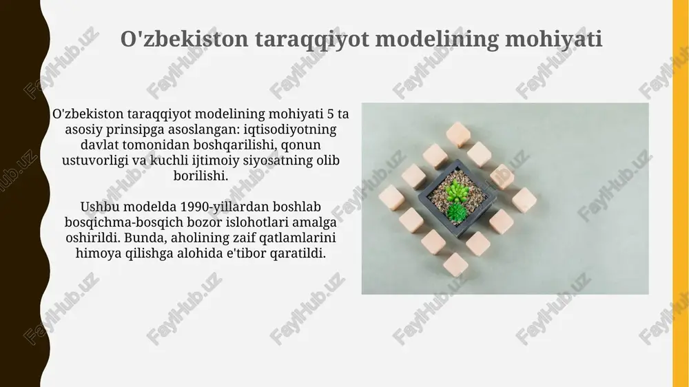 g asosiy tarmoqlari, xususan, energetika va infratuzilma strategik ahamiyatga ega bo'lgani uchun davlat nazoratida bo'ldi. xususiy mulkchilikning rivojlanishi 1990-yillarning boshida xususiylashtirish dasturlari orqali davlat mulkining bir qismi xususiy sektorga o'tkazildi, bu esa tadbirkorlikning rivojlanishiga turtki berdi. xususiy mulkni himoya qilish kafolatlari o'zbekiston konstitutsiyasida mustahkamlab qo'yilgan bo'lib, investitsiya muhitini yaxshilashga qaratilgan qonunlar qabul qilindi. tadbirkorlikni qo'llab-quvvatlash 2017-yildan tadbirkorlikni qo'llab-quvvatlash jamg'armasi orqali 100 dan ortiq loyihaga 2 trillion so'mdan ziyod imtiyozli kreditlar ajratildi, bu esa yangi ish o'rinlarini yaratishga yordam berdi. prezidentning 2022-yildagi farmoni bilan tadbirkorlik sub'ektlari uchun soliq yukini kamaytirish maqsadida foyda solig'i stavkalari 15% dan 12% gacha pasaytirildi. innovatsion rivojlanish va texnologiyalar o'zbekistonning "innovatsion rivojlanish strategiyasi – 2021-2023"da 5 ta ustuvor yo'nalish belgilangan, jumladan, ilm-fan va innovatsiyalarni rivojlantirish orqali iqtisodiy o'sishni ta'minlash muhim vazifa hisoblanadi. texnologiyalar transferi markazlari respublikaning barcha hududlarida tashkil etilgan bo'lib, ularning vazifasi 100 dan ortiq ilmiy ishlanmalarni tijoratlashtirish, shu bilan mahalliy korxonalarni yangi texnologiyalar bilan ta'minlashdir. …
