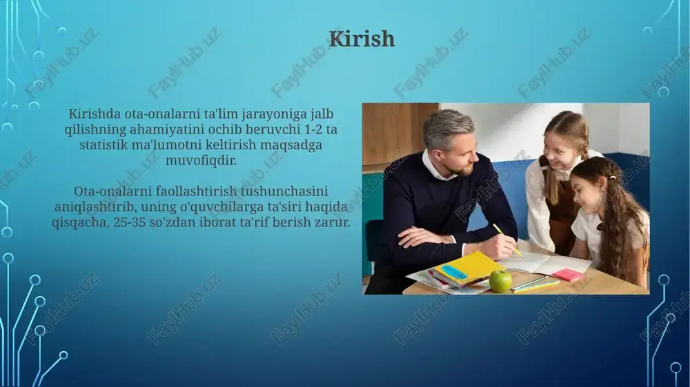 huquqini beradi. ota-onalar 15 kun ichida ko'rib chiqilishi shart bo'lgan ta'lim sifatini oshirish bo'yicha takliflar bilan maktab qo'mitalariga murojaat qilishlari mumkin. ota-onalarning ta'lim jarayoniga ta'siri: tadqiqot natijalari tadqiqotlar shuni ko'rsatadiki, ota-onalarning faol ishtiroki o'quvchilarning o'zlashtirish darajasini o'rtacha 15-20 foizga oshiradi, ayniqsa boshlang'ich sinflarda. ota-onalarning ta'limdagi roli, ayniqsa, uy vazifalarini bajarishda ko'maklashish, o'quvchilarda mustaqil o'rganish ko'nikmalarini 25 foizga rivojlantiradi. ota-onalarning faolligi o'quvchilarning o'zlashtirishiga ta'siri ota-onalarning faolligi o'quvchilarning o'zlashtirishiga ijobiy ta'sir ko'rsatadi, masalan, uy vazifalarida 20% ko'proq yordam berish natijalarni yaxshilaydi. ota-onalar maktab tadbirlarida faol ishtirok etsa, o'quvchilarning motivatsiyasi 15% ga ortadi va ularning umumiy baholariga ham ta'sir qiladi. ota-onalarning faolligi maktab muhitini yaxshilash omili sifatida ota-onalarning faol ishtiroki maktabning resurs bazasini 25% ga oshirishi mumkin, bu esa o'quv dasturlarini takomillashtirishga yordam beradi. ota-onalarning doimiy faolligi o'quvchilarning o'zlashtirish darajasini o'rtacha 15-20% ga ko'taradi, bu esa ularning kelajakdagi muvaffaqiyatini ta'minlaydi. to'siqlar va ularni bartaraf etish yo'llari ota-onalarning vaqti yetishmasligi (75% holatlarda) asosiy to'siq …