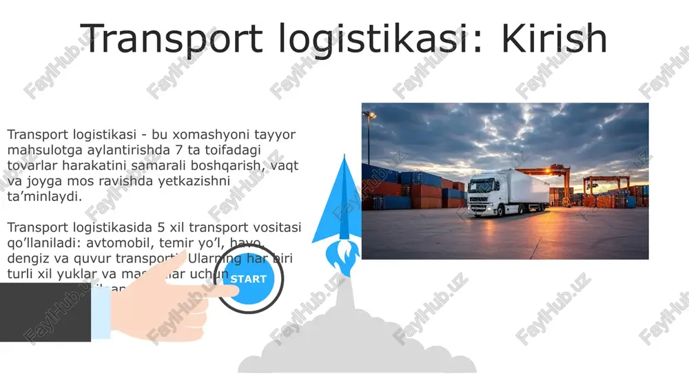 chlarini oshiradi. transport logistikasida barqarorlik barqaror transport logistikasi 2030 yilgacha uglerod chiqindilarini 45% ga kamaytirishni maqsad qiladi, bu esa energiya samaradorligini oshirish va qayta tiklanadigan manbalarga o'tishni talab qiladi. ekologik toza transport vositalaridan foydalanish (masalan, elektromobillar yoki bioyoqilg'i bilan ishlaydiganlar) logistika zanjirida co2 emissiyasini sezilarli darajada kamaytiradi, xarajatlarni optimallashtiradi. 06 05 04 transport logistikasida innovatsiyalar 01 02 transport logistikasida sun’iy intellekt (ai) yordamida marshrutlarni optimallashtirish, yoqilg‘i sarfini 15% gacha kamaytirish va yetkazib berish vaqtlarini qisqartirish imkonini beradi. blokcheyn texnologiyasi ta'minot zanjirining shaffofligini oshiradi, hujjatlarni avtomatlashtiradi va firibgarlikni kamaytiradi, shu bilan birga operatsion xarajatlarni 20% gacha qisqartiradi. kelajak tendentsiyalari va xulosalar avtomatlashtirishning o'sishi logistika operatsiyalarini sezilarli darajada soddalashtiradi, masalan, sun'iy intellekt va mashinali o'rganish bilan boshqariladigan marshrutni optimallashtirish 20% ​​gacha samaradorlikni oshirishi mumkin. blokcheyn texnologiyasi ta'minot zanjiri shaffofligini sezilarli darajada yaxshilaydi, har bir tranzaksiyani xavfsiz va o'zgarmas tarzda qayd etadi, bu esa soxtalashtirish xavfini 30% ga kamaytiradi. e'tiboringiz uchun rahmat image6.jpg …