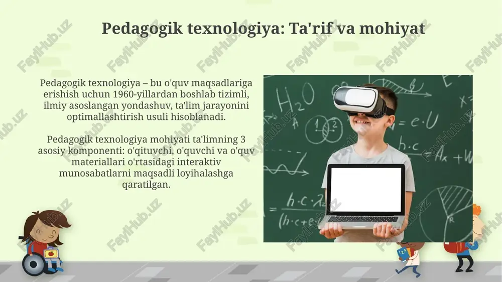 ning individual ehtiyojlarini qondirishi va 3 bosqichda murakkablik darajasini o'zgartira olishi muhimdir. pedagogik texnologiyalarni loyihalashtirish va ishlab chiqish pedagogik texnologiyalarni loyihalashtirishda addie modeli (analiz, loyihalashtirish, ishlab chiqish, implementatsiya, baholash) 5 bosqichini ketma-ket qo'llash samaradorlikni oshiradi. ishlab chiqish bosqichida, bloom taksonomiyasi bo'yicha o'quv maqsadlari aniqlanadi. bu, 3 kognitiv, affektiv va psixomotor domenlarga mos topshiriqlarni yaratishga yordam beradi. pedagogik texnologiyalarni sinfda qo'llash bo'yicha amaliy misollar "birlashtirilgan o'rganish"da, 5-sinfda o'quvchilar "kahoot!" platformasi orqali matematikadan test topshiradilar, natijalar real vaqtda ko'rsatilib, dars muhokamasini rivojlantiradi. "flipped classroom" usulida, 7-sinf o'quvchilari uyda video darslik orqali fizika mavzusini o'rganadilar va sinfda esa o'qituvchi bilan savol-javob va amaliy mashg'ulotlar o'tkazadilar. kelajakda pedagogik texnologiyalarning rivojlanish tendensiyalari pedagogik texnologiyalar sun'iy intellekt (si) va mashinalarni o'rganish algoritmlarini integratsiya qilish orqali 2030 yilga borib adaptiv ta'lim tizimlarini yaratadi. virtual va kengaytirilgan reallik (vr/ar) 2025-yilgacha ta’limda immersiv tajribalarni ta’minlaydi hamda amaliy mashg’ulotlar va simulyatsiyalarni rivojlantiradi. e'tiboringiz uchun rahmat image7.jpg image8.jpg image9.jpg image10.jpg image11.jpg …