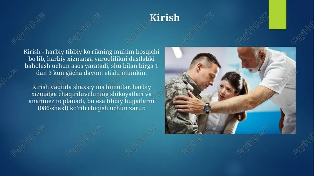 iy xizmatga yaroqlilik darajasini aniqlovchi yakuniy hujjatdir, unda "a" dan "d" gacha toifalardan biri ko'rsatiladi. xulosada harbiy-tibbiy komissiya a'zolarining imzolari va sanasi ko'rsatiladi, shuningdek, harbiy xizmatga yaroqlilik bo'yicha 1-ilovaga muvofiq yakuniy qaror yoziladi. e'tiboringiz uchun rahmat image7.jpg image8.jpg image9.jpg image10.jpg image11.jpg image12.jpg image13.jpg image14.jpg image15.jpg image16.jpg image1.png image2.png image3.png image4.png