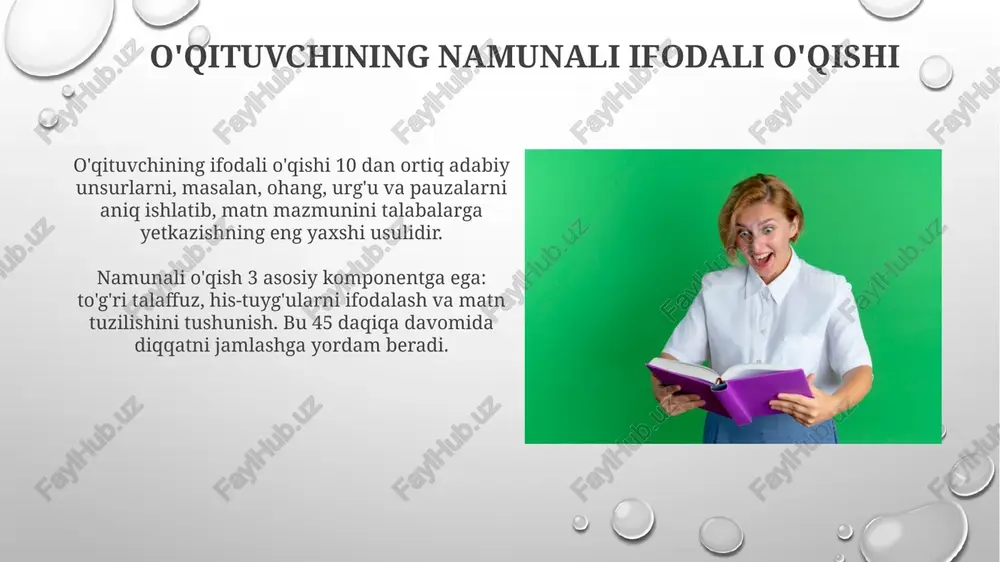 a qiziqishini oshiradi. dars ishlanmasida 3 ta asosiy bosqich mavjud: matnga tayyorgarlik, ifodali o'qish (intonatsiya, pauza, urg'u), va o'qilgan matnni tahlil qilish, talabalar tushunishini ta'minlash. videokuzatuv: muvaffaqiyatli ifodali o'qish misollari videokuzatuvlar orqali 5-sinf darslarida o'qituvchining ifodali o'qishi, intonatsiyani boshqarishi va ovoz balandligini o'zgartirishi bo'yicha 3 ta muvaffaqiyatli namuna aniqlandi. o'qituvchining videokuzatuv orqali baholash natijalariga ko'ra, 90% hollarda she'riy matnlarni o'qishda his-tuyg'ularni yetkazish darajasi yuqori bo'lgan 7 ta holat kuzatildi. o'qituvchilar uchun tavsiyalar o'qituvchilar darsda 3-4 xil interaktiv usullarni qo'llashlari, masalan, "aqliy hujum" yoki "klaster" orqali o'quvchilarning faolligini oshirishlari mumkin. nutq madaniyatini rivojlantirish uchun 15 daqiqa davomida ovoz mashqlari, artikulyatsiya mashqlari va nafas olish texnikalarini qo'llash tavsiya etiladi. xulosa va savol-javob xulosa qismida, 3-4 ta asosiy fikrlarni ta'kidlang, o'qilgan matnning mohiyatini ochib beruvchi 1-2 ta qisqa misolni keltiring va 20-30 so'zdan iborat yakuniy xulosa bilan tugating. savol-javob vaqtida, kamida 3-5 ta savol berishga tayyor bo'ling, 1-2 tasi matnning asosiy g'oyalari bo'yicha, …