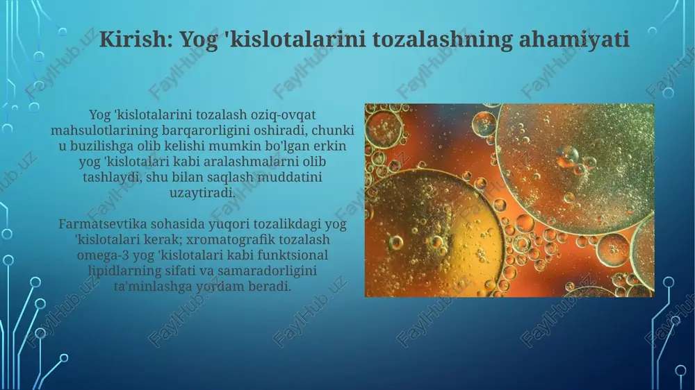 eradi. qattiq faza sifatida alyuminiy oksid (al2o3) ham qo'llaniladi, u yog' kislotalarini adsorbtsiyalash xususiyatiga ega va ularning molekulyar og'irligi va tuzilishiga qarab fraksiyalash imkonini beradi. yog 'kislotalarini tozalashda ishlatiladigan harakatlanuvchi fazalar yog 'kislotalarini tozalashda mobil faza sifatida ishlatiladigan suyuqliklar ko'pincha organik erituvchilar aralashmasidan iborat bo'lib, ularning qutbliligi ajratishga ta'sir qiladi. gaz xromatografiyasida harakatlanuvchi faza odatda inert gaz, masalan, azot (n2) yoki geliy (he) bo'lib, u namunani kolonka orqali o'tkazish uchun tashuvchi vazifasini bajaradi. detektorlar: yog 'kislotalarini aniqlash yog 'kislotalarini aniqlash uchun flame ionization detectors (fid) ishlatiladi, chunki ular yuqori sezuvchanlikka ega va har qanday uglerodli birikmalarni aniqlay oladi, ya'ni 10^-12 g/s gacha. mass-spektrometriya (ms) yog 'kislotalarini aniqlash uchun qo'llaniladi, bu ularning molekulyar og'irligi va tuzilishini aniqlashga yordam beradi, shuningdek izomerlarni ajratish imkonini beradi. namunani tayyorlash: yog 'kislotalarini xromatografiyaga tayyorlash namuna tayyorlashda, yog 'kislotalari esterifikatsiya qilinadi, odatda metil esterlarga, gaz xromatografiyasi uchun uchuvchanlikni oshirish uchun 0.1 m eritma ishlatiladi. yog 'kislotalari …