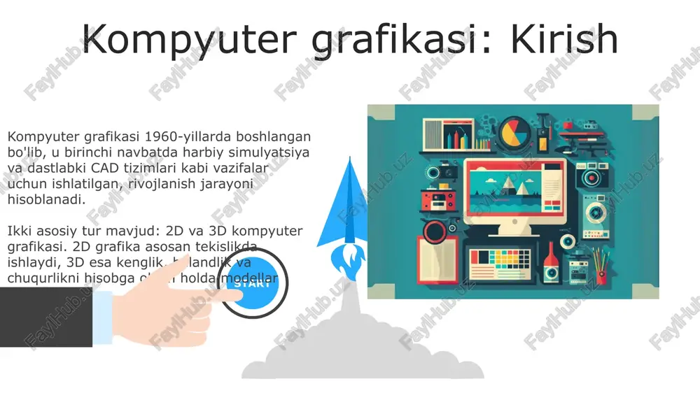 un ishlatiladi, bu jarayonlarning aniqligini 95% ga oshirishi mumkin. arxitektura sohasida binolarning 2d va 3d modellarini yaratishda kompyuter grafikasi qo'llaniladi, loyiha xarajatlarini 10-15% ga kamaytirish va vizualizatsiyani yaxshilash imkonini beradi. 06 05 04 kompyuter grafikasining afzalliklari va kamchiliklari 01 02 kompyuter grafikasi vizualizatsiya qobiliyati orqali ma'lumotlarni tushunishni 30-40% yaxshilaydi, lekin renderlash jarayoni ko'p vaqt talab etishi mumkin, ayniqsa murakkab 3d modellarda. interaktivlik afzalligi foydalanuvchilarga real vaqtda 2d yoki 3d muhit bilan o'zaro aloqa qilish imkonini beradi, ammo qimmat dasturiy ta'minot va yuqori unumdor apparat 50-70% hollarda zarur bo'lishi mumkin. kelajakdagi tendensiyalar va rivojlanish kelajakda neyron tarmoqlari yordamida realistik 3d modellar yaratish tezlashadi, bu esa dizaynerlarga 50% vaqtdan tejash imkonini beradi. renderlash texnologiyalari rivojlanib, nur izlash tezligi 10 barobar oshadi, bu esa 8k rezolyutsiyadagi interaktiv muhitlarni yaratishga imkon beradi. e'tiboringiz uchun rahmat image6.jpg image7.jpg image8.jpg image9.jpg image10.jpg image11.jpg image12.jpg image13.jpg image14.jpg image15.jpg image16.jpg image17.jpg image1.jpeg image2.jpeg image3.jpeg image4.jpeg