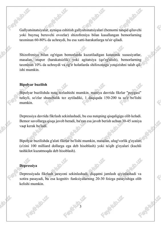 bunda 50-75% bemorlarda tovush balandligi pastligi, monotonlik va tezlikning o'zgarishi kuzatiladi. bradifreniya, parkinson kasalligining kognitiv buzilishi, fikrlash jarayonining sekinlashishiga olib keladi, bu esa mantiqiy xulosalar chiqarishni 30%gacha qiyinlashtiradi. palilaliya, parkinson kasalligida kam uchraydigan nutq buzilishi bo'lib, so'z yoki iborani takrorlash bilan xarakterlanadi va 10% holatlarda kuzatiladi. huntington kasalligi xantington kasalligida nutq buzilishlari, xususan, dizartriya kuzatiladi. bunda nutqning aniqligi pasayib, so'zlarni talaffuz qilish qiyinlashadi, bu esa kommunikatsiyani murakkablashtiradi. xantington kasalligida kognitiv funksiyalar pasayishi fikrlash jarayonlariga ta'sir etadi. natijada, 10-20% bemorlarda rejalashtirish va tashkillashtirishda muammolar yuzaga keladi. xantington kasalligi bemorlarida perseveratsiya kuzatiladi. bunda, ular bir fikrga qat'iy yopishib olishadi va uni 5-6 marta qayta-qayta takrorlashadi, bu esa moslashuvchanlikni cheklaydi. insult (miya qon tomir kasalligi) insult oqibatida nutqning buzilishi (afaziya) ko'rinishida namoyon bo'lishi mumkin, bunda bemor so'zlarni tushunish va ifodalashda qiynaladi, bu 60% holatlarda uchraydi. miya insulti miyaning chap yarim shari shikastlanishi bilan bog'liq holda fikrlash jarayonlarining buzilishiga olib kelishi mumkin, bu esa …