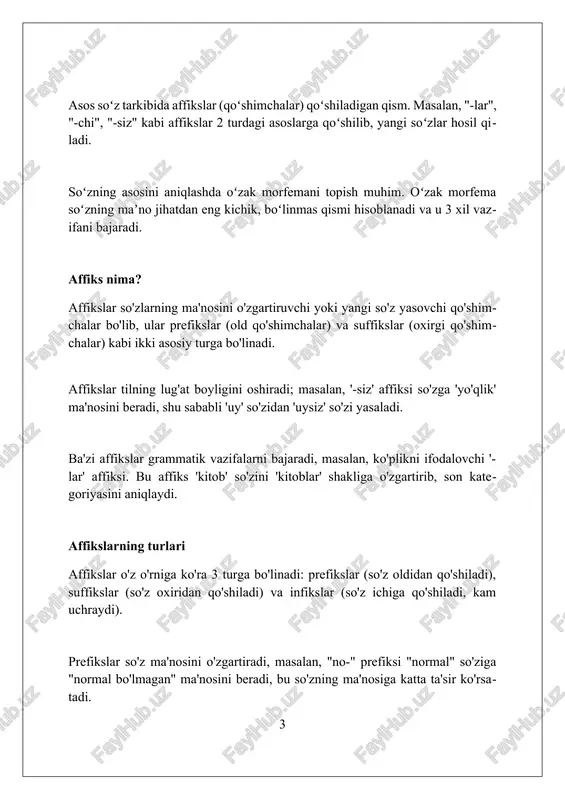 sifatida ko'rishadi, garchi ular ko'proq suffiksal qo'shimchalar sifatida 75% baholansa ham. o'zbek tilida infikslarning rasmiy grammatik maqomi bahsli bo'lib, ularning mavjudligi va funksiyasi lingvistlar o'rtasida 25% miqdorda munozaralarga sabab bo'ladi. sirkumfikslar sirkumfiks - bu prefiks va suffiksdan iborat bo'lgan affikslar turi bo'lib, ular ildiz so'zning ikkala tomoniga bir vaqtning o'zida qo'shilib, yangi so'z yaratadi. bu tilshunoslikda muhim tushunchadir. o'zbek tilida sirkumfikslar nisbatan kam uchraydi, ammo ularni fe'llar yasashda uchratish mumkin. masalan, 'be-…-moq' affiksi sifatlardan fe'l yasashda qo'llanilishi mumkin. sirkumfikslar nemis tilida keng tarqalgan. misol uchun, 'ge-…-t' affiksi fe'llardan o'tgan zamon sifatdoshini yasashda ishlatiladi, bunda 'gespielt' (o'ynalgan) so'zi bunga yaqqol misol bo'la oladi. affikslar orqali so'z yasash affikslar so'z yasashda muhim rol o'ynaydi, masalan '-chi' qo'shimchasi kasbni (traktorchi) yoki '-siz' qo'shimchasi yo'qlikni (tuzsiz) bildirib, yangi so'zlar hosil qiladi. bu grammatik qoida juda muhim. o'zbek tilida so'z yasash affikslar orqali juda keng tarqalgan. misol uchun, 'kitob' so'ziga '-xon' qo'shimchasini qo'shsak, 'kitobxon' (o'quvchi) …